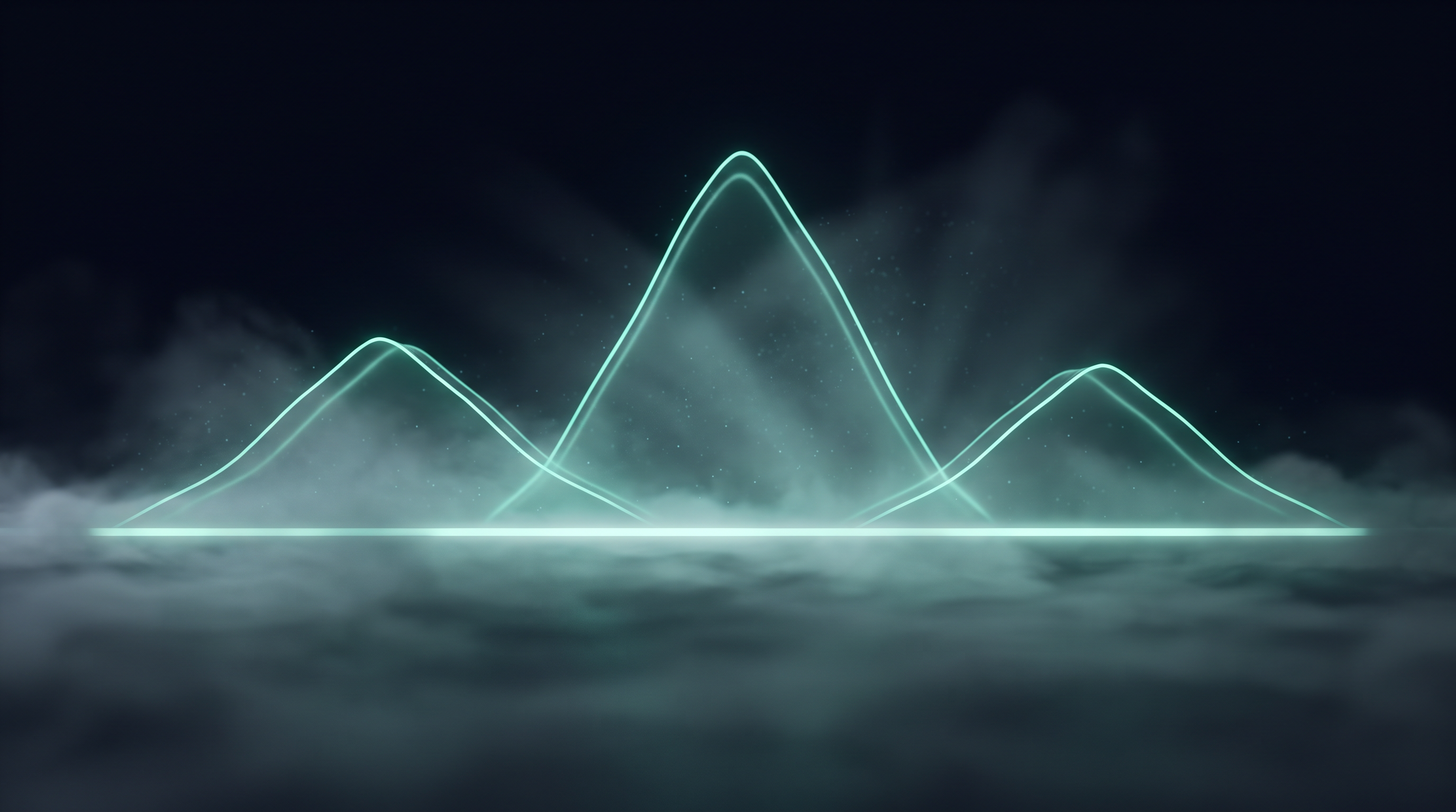 Three ridges of glowing teal light rising out of low fog in a dark navy space, a lower ridge on each side of a taller central peak, with a straight horizontal beam of light running across their bases