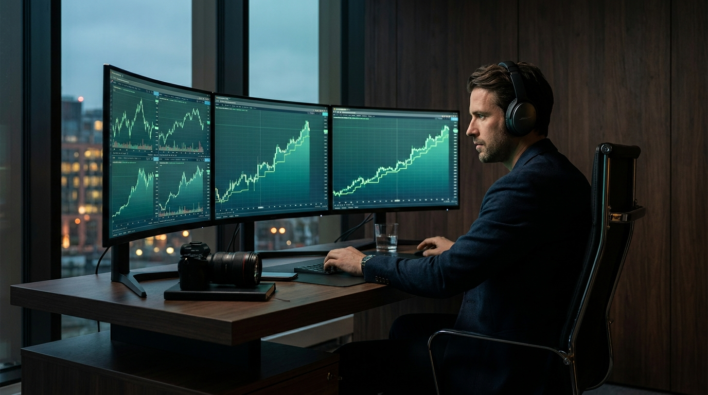 A focused trader at a multi-monitor desk watching green charts trend upward, representing a funded account growing in stages
