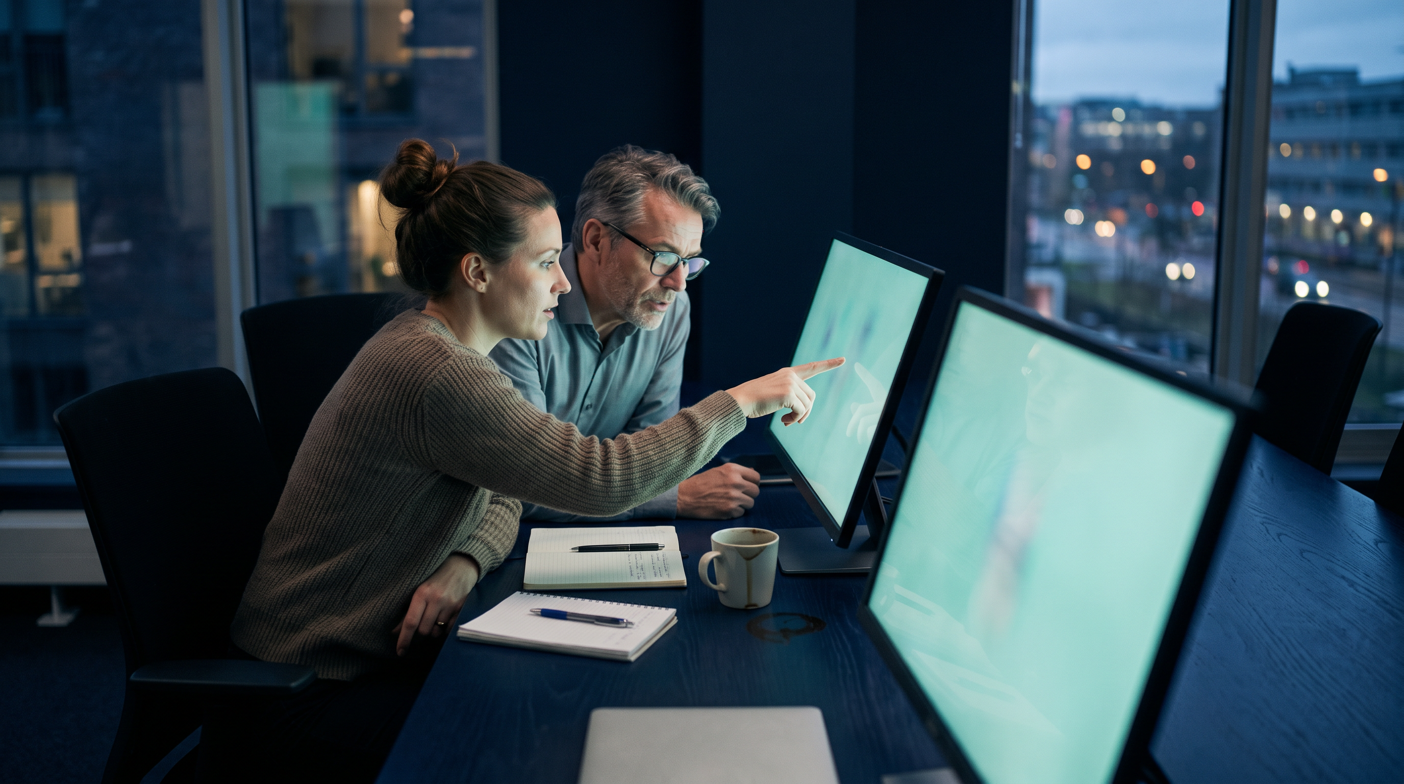 Two traders, a woman and an older man in glasses, sit at a dark navy desk in an office at dusk, the woman pointing at one of two monitors glowing soft mint teal while the man leans in to compare, with notebooks and a coffee mug on the desk and city lights through the window