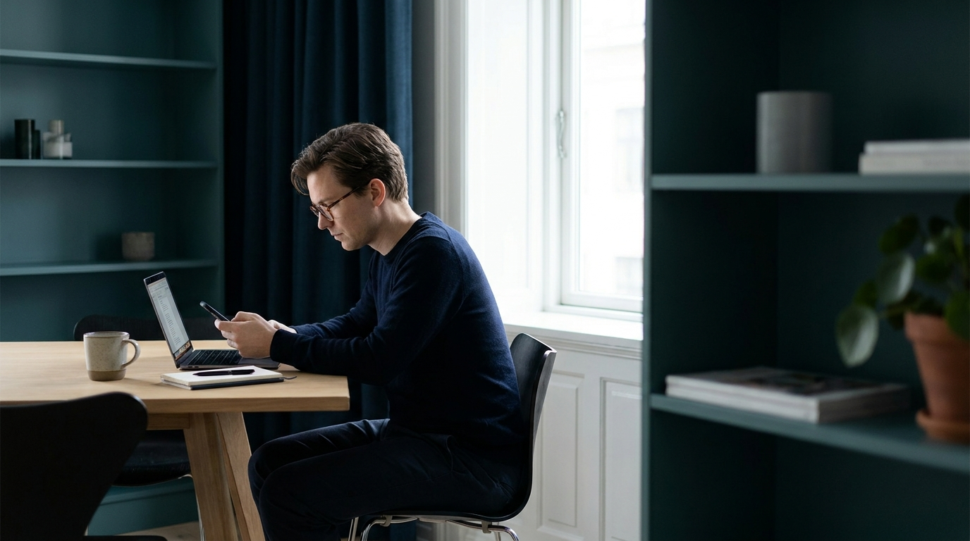 A calm trader at a tidy desk reviewing a laptop and phone in soft natural light, muted navy and teal tones