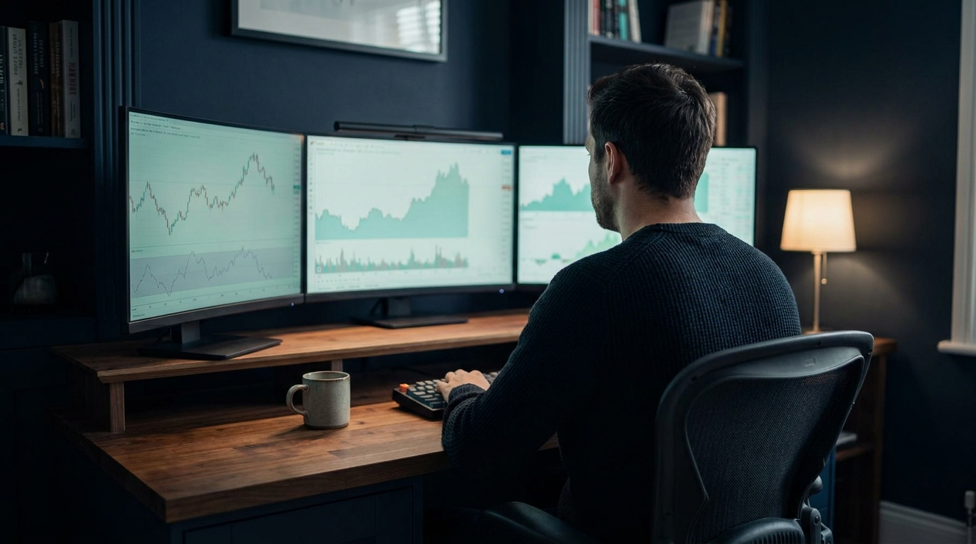 A focused trader seen from behind at a calm multi-monitor desk in a dark navy office with soft teal screen glow
