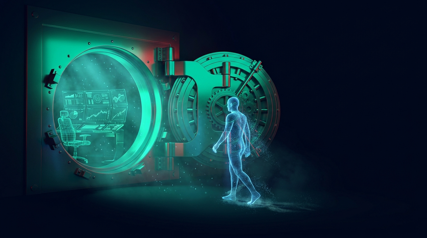 A cinematic render of a glowing teal capital stream flowing into a dark trading terminal with charts, representing how prop firm funding allocates capital