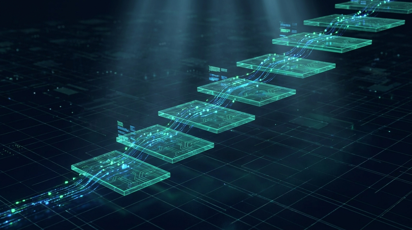 An ascending staircase of glowing teal platforms rising over a dark grid, representing how profit splits scale with account size