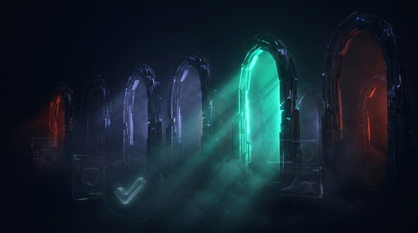 A cinematic render of several glowing doorways in a dark space with one central teal archway lit as the clear right choice, representing choosing the right prop firm