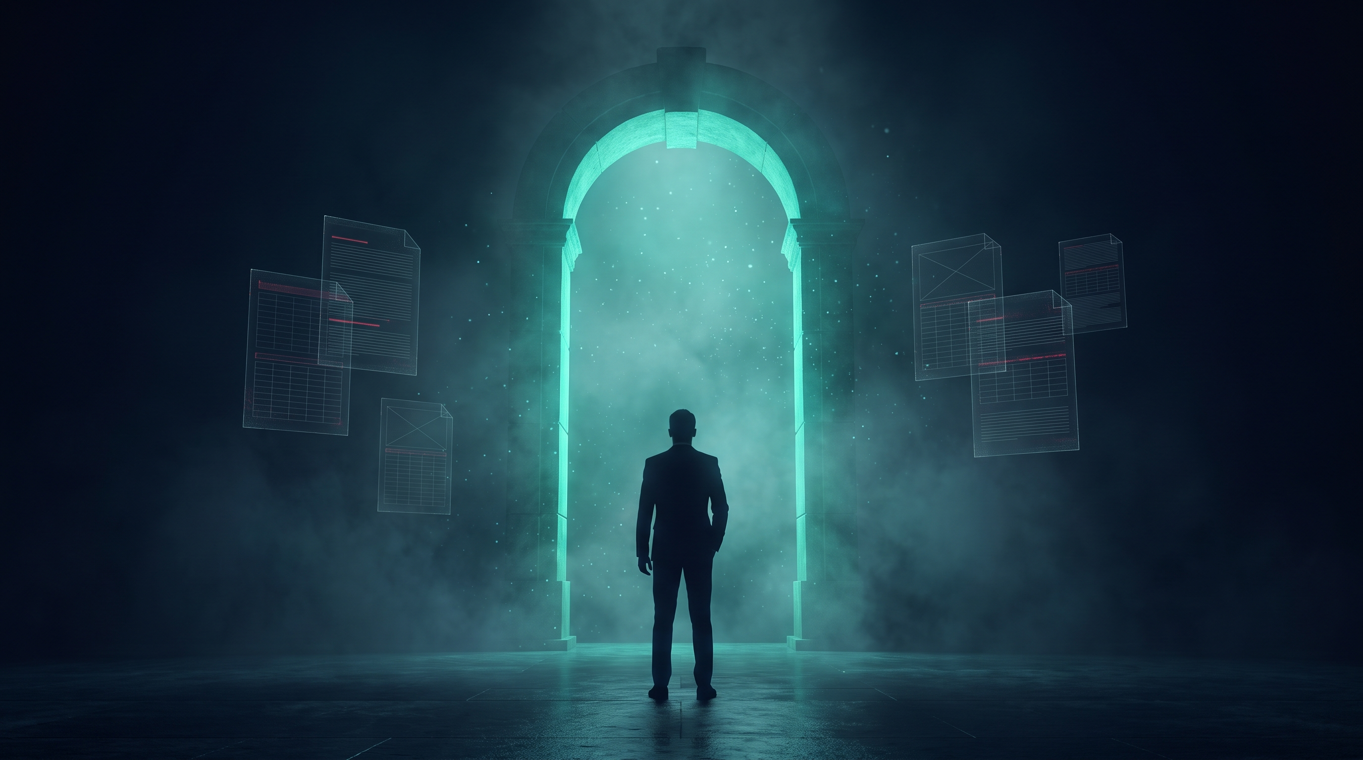 A cinematic render of a lone figure in a suit seen from behind, standing before a towering glowing emerald archway in a dark hall with faint holographic document panels floating on either side
