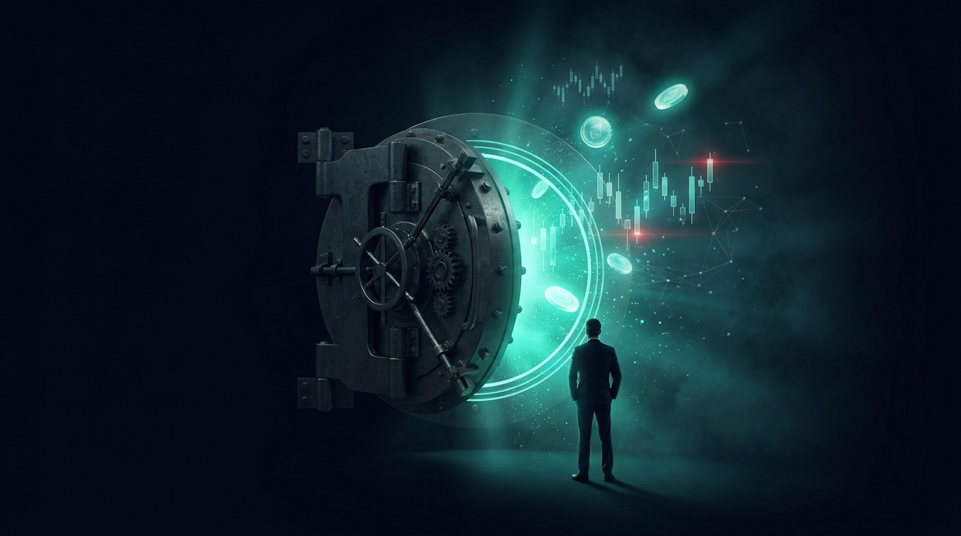A cinematic render of a circular vault door opening with emerald light and a lone figure before it, representing requesting a payout from a funded account