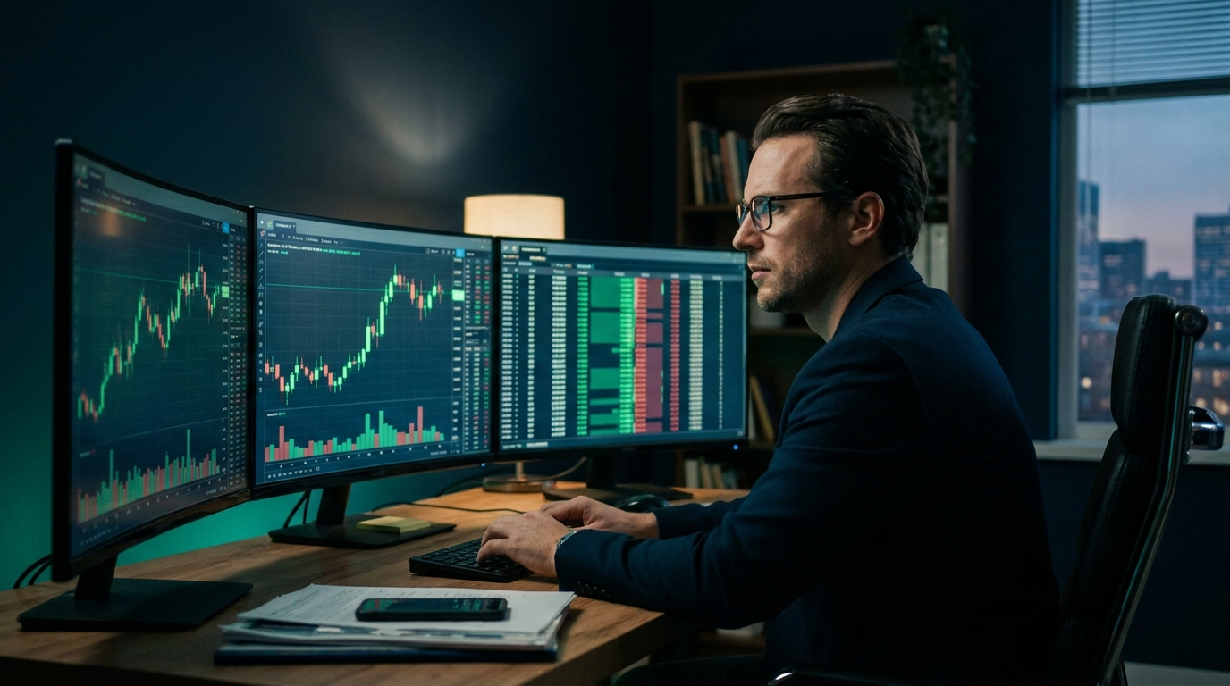 A trader at a multi-monitor desk watching a fast-rising stock chart with strong green volume bars and a Level 2 order ladder, lit by a soft emerald-teal glow