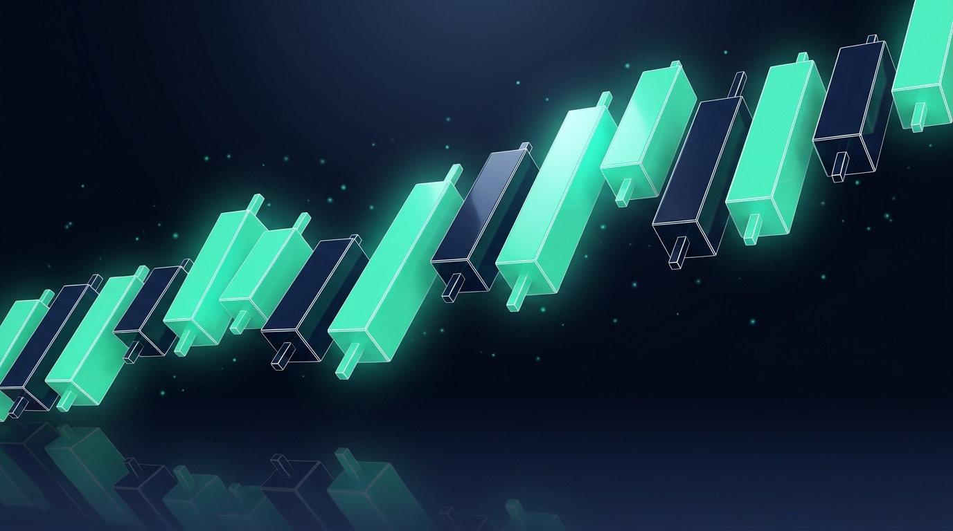 3D candlestick prisms in mint teal on a dark navy background