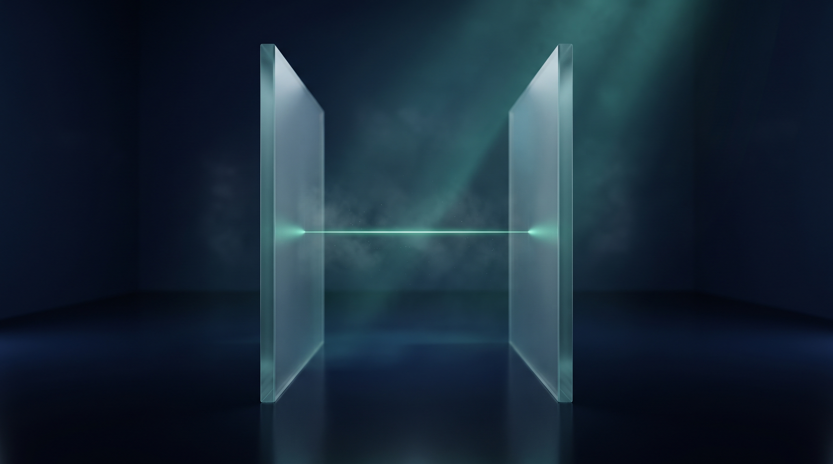 Two tall frosted glass slabs standing upright on a reflective dark floor with a precise gap between them, joined by a thin beam of teal light in a deep navy space