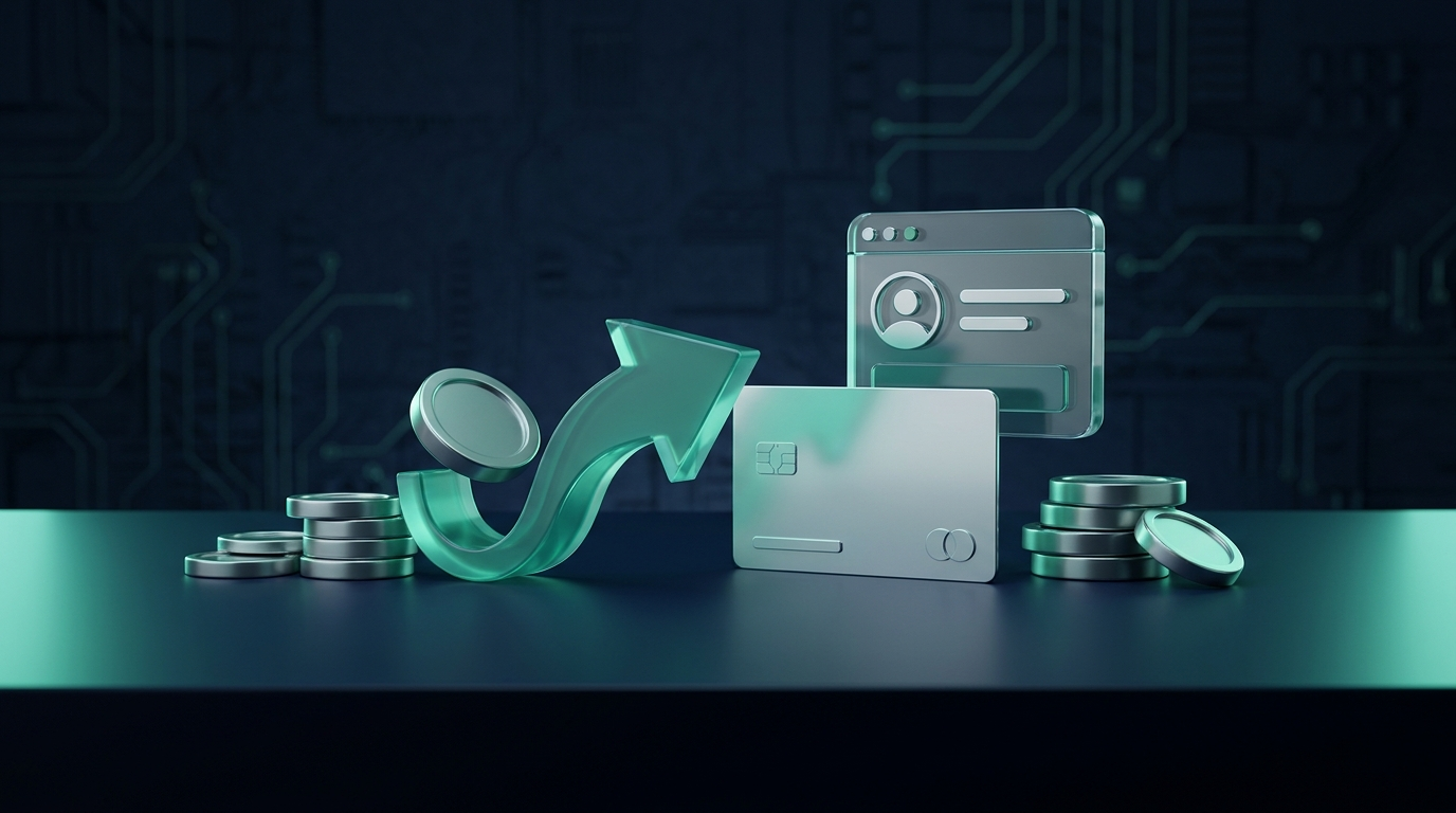 Abstract teal coins and a payment arrow flowing into a bank card on a dark navy surface, representing funded account payout methods