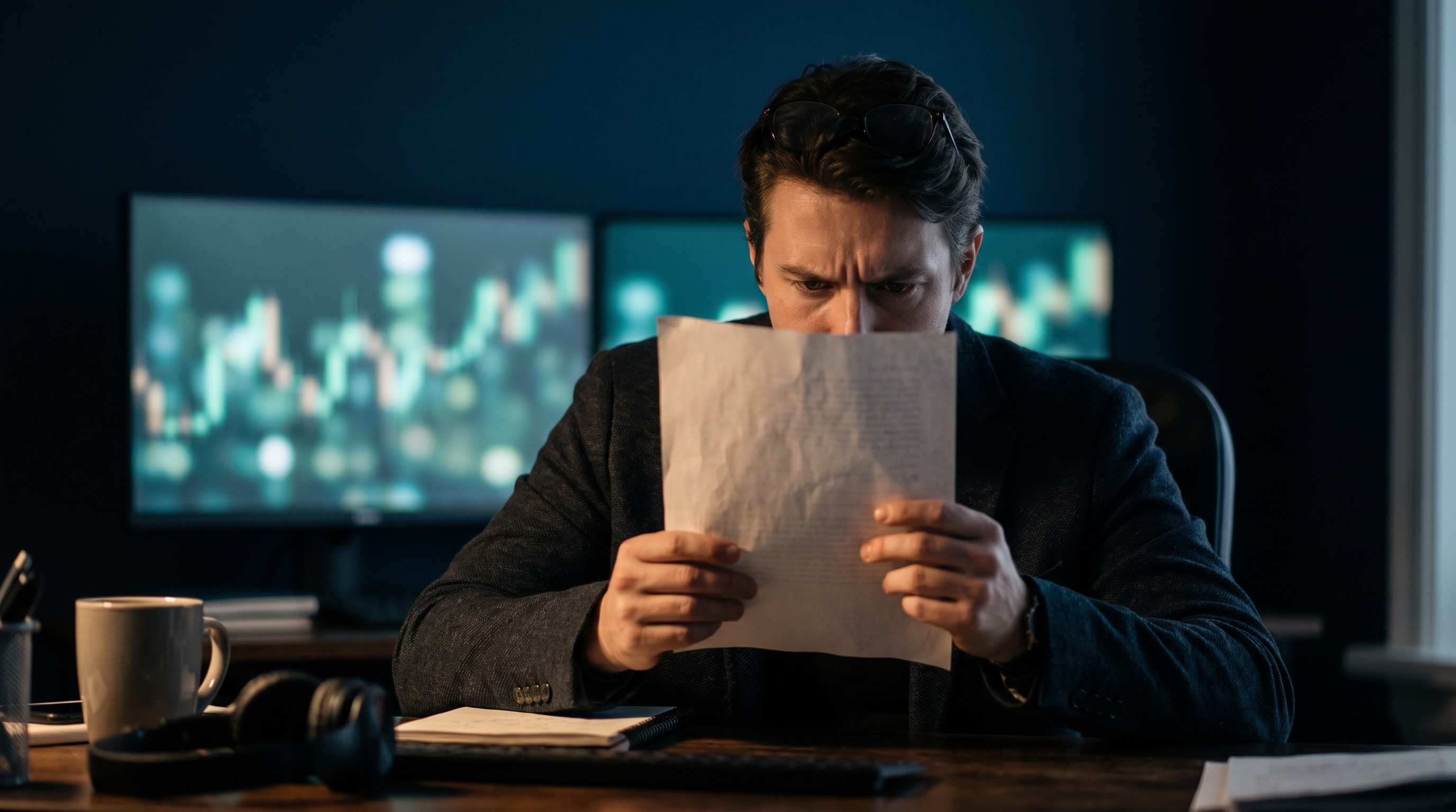 A trader at a dark desk holding up a single printed page and reading it closely, with dim out-of-focus candlestick charts glowing behind them