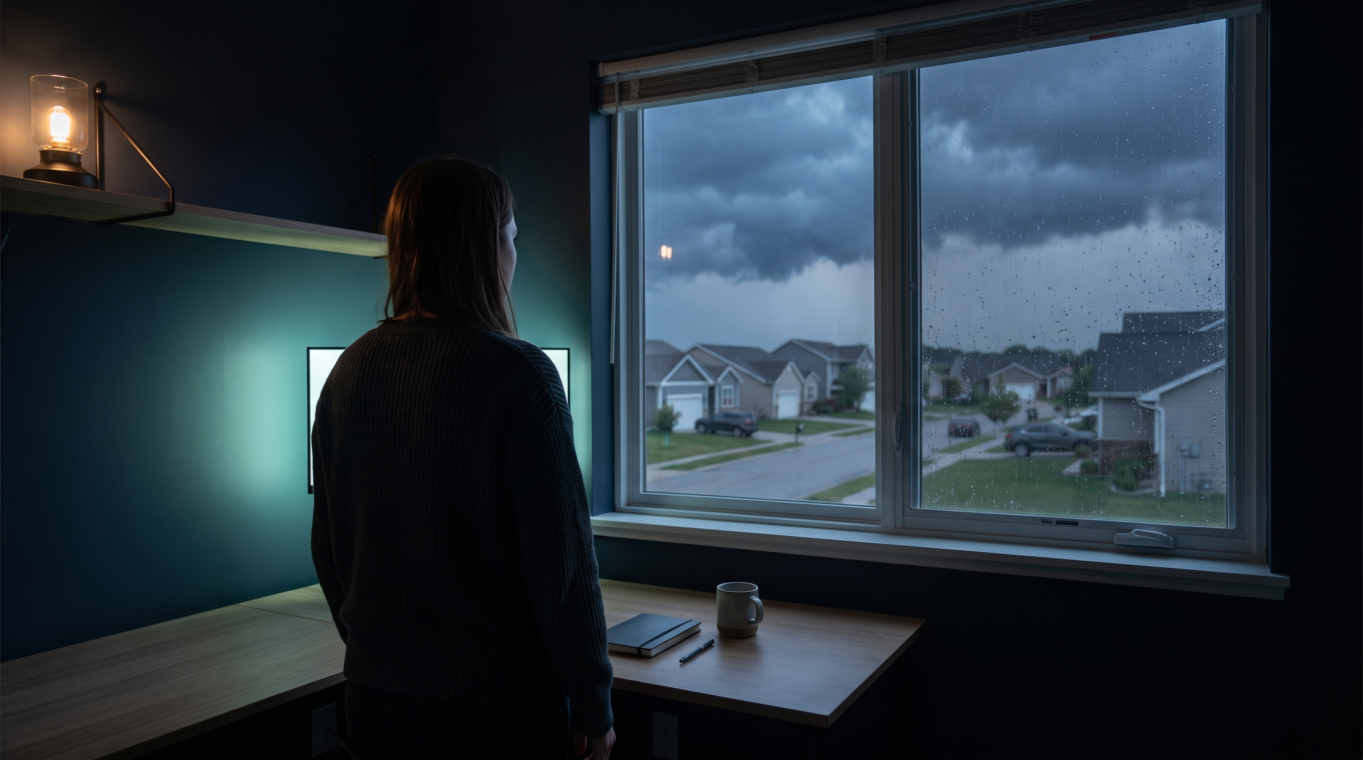 A woman seen from behind standing at a rain-streaked window in a dim home office, looking out at storm clouds gathering over a quiet street, with a notebook and mug on the desk beside her
