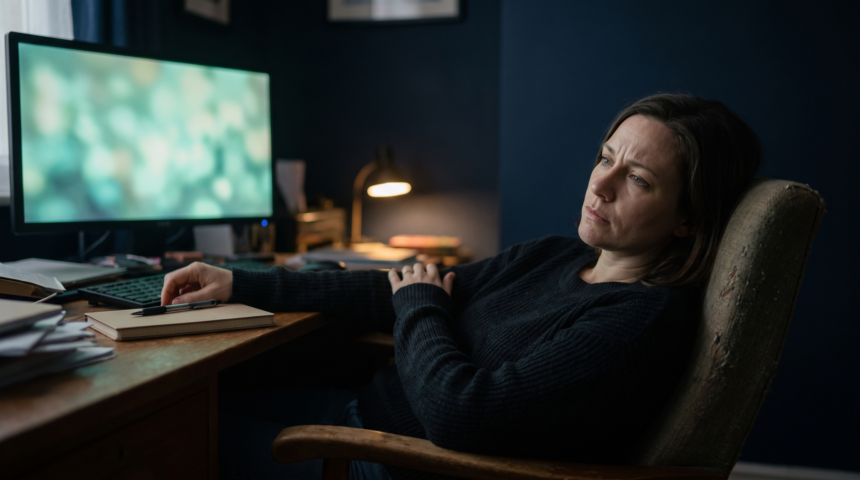 A trader sitting back in her chair at a dark home-office desk in the evening, arms loosely crossed, looking thoughtfully at a softly glowing teal monitor beside a closed notebook