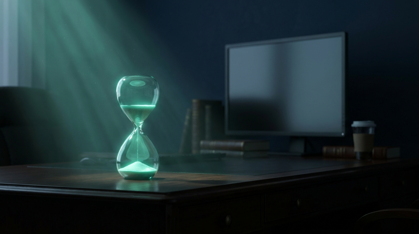 A cinematic render of a glowing teal hourglass beside a dimmed, dormant trading monitor, representing a funded account inactivity rule