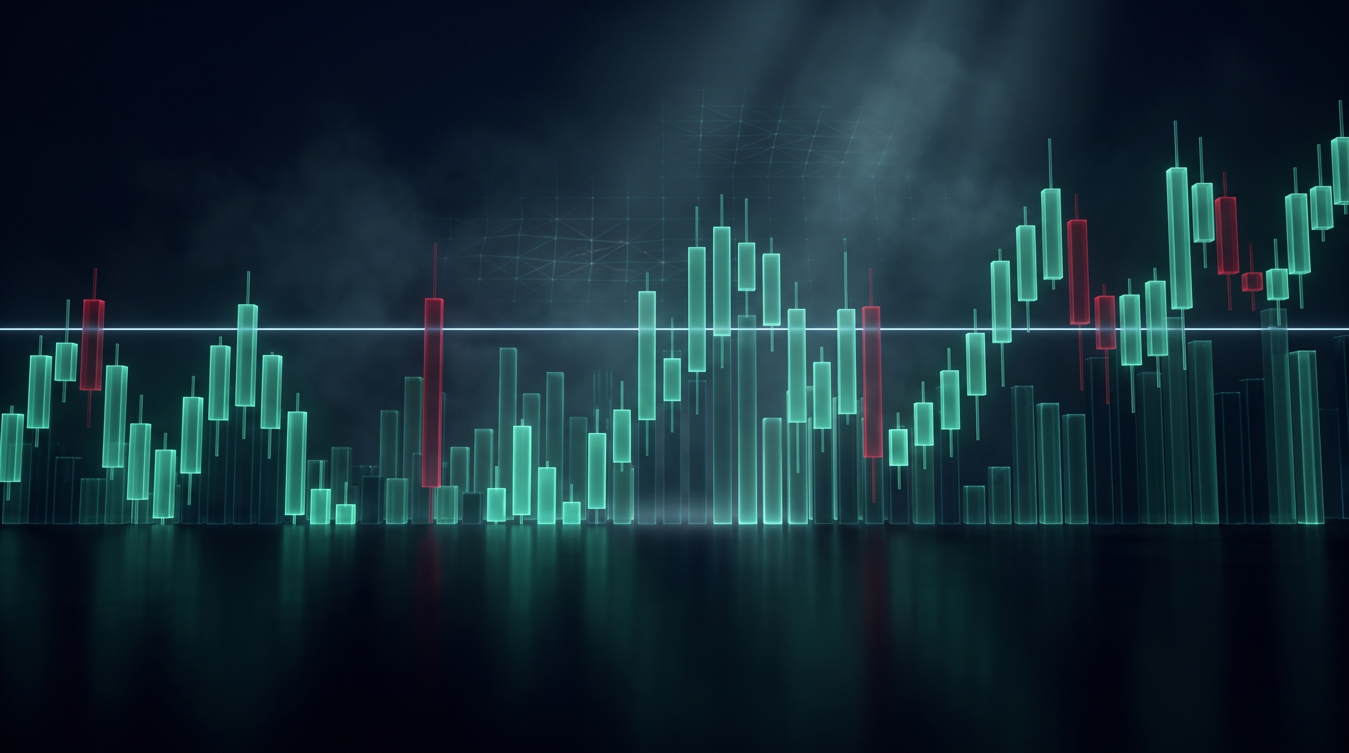 A cinematic render of a nocturnal city skyline built from glowing teal candlestick towers with a few crimson towers, a single pale reference line running across them at one height