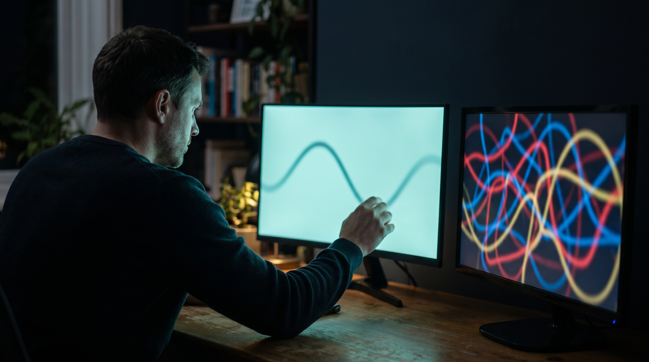 A trader at a dark wooden desk at night reaching toward a monitor showing one simple teal line, with a second monitor beside him crowded with tangled colored lines he has turned away from