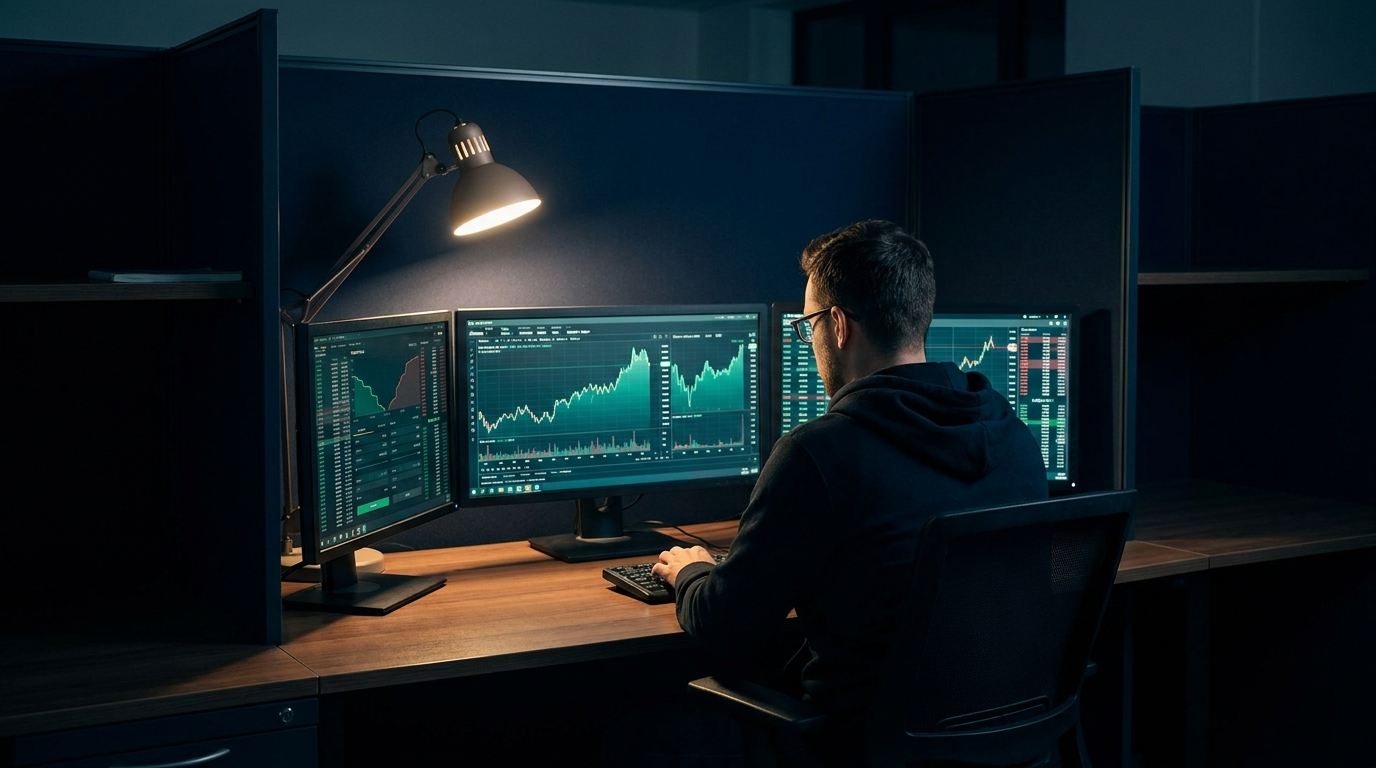 A trader seen from behind at a multi-monitor desk showing teal futures candlestick charts and an order ladder in a dark navy office