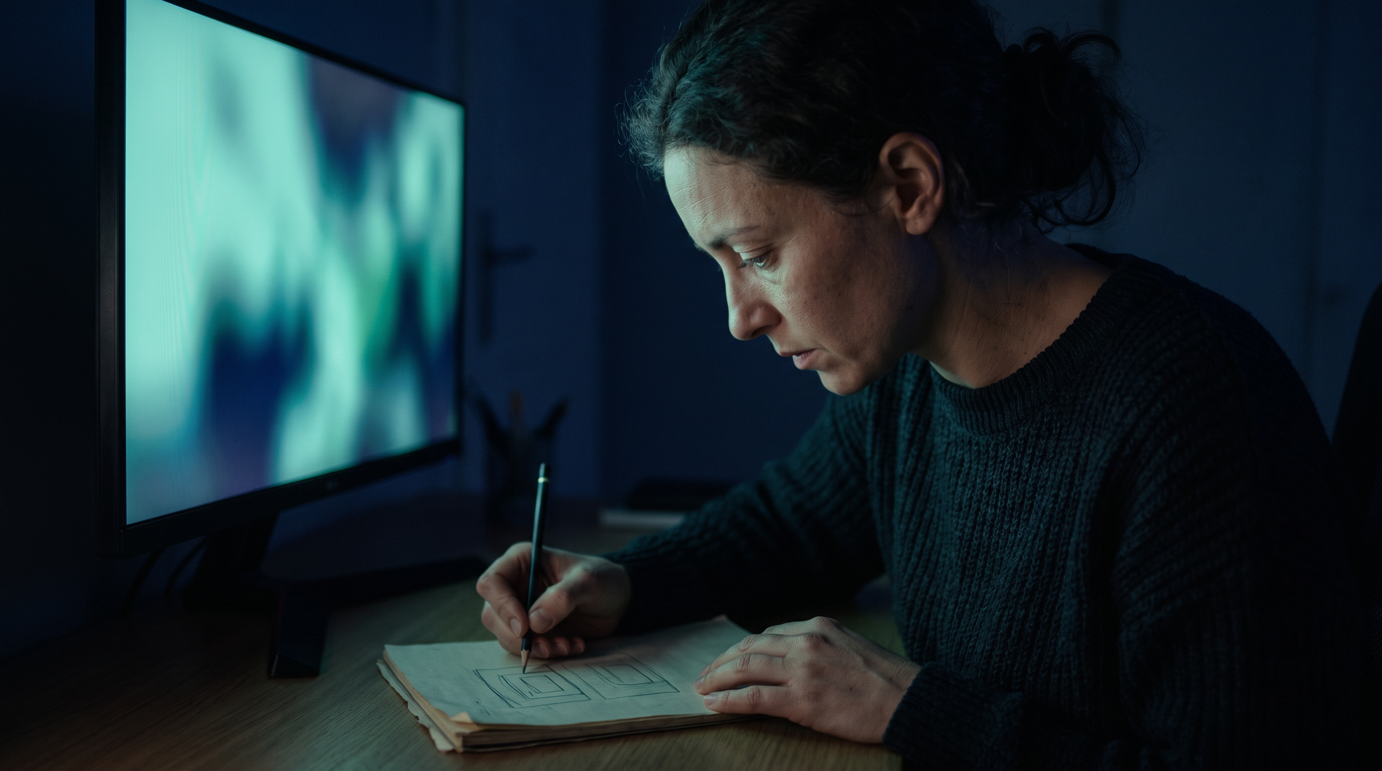A trader in a dark sweater sketches small nested rectangles in a paper notebook at a dim desk before dawn, a monitor glowing soft teal beside her