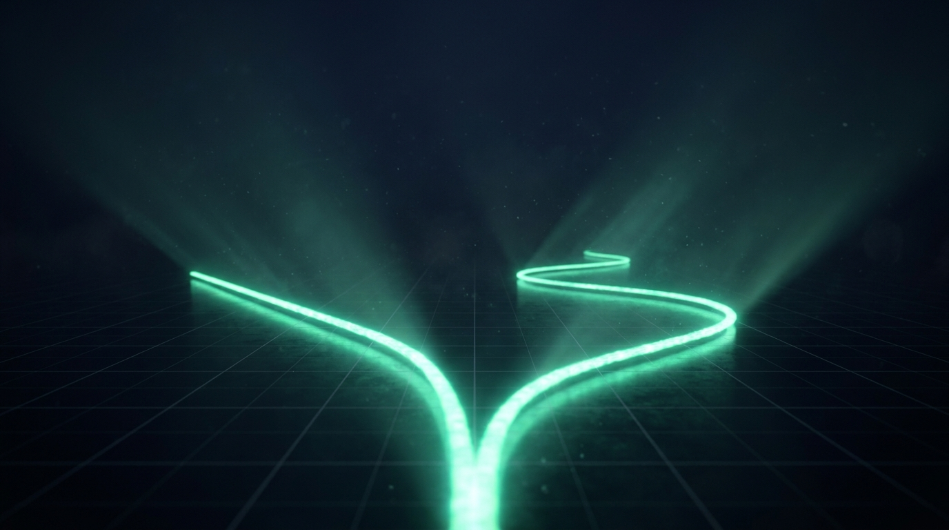 A cinematic render of a glowing teal path forking into two diverging routes across a dark grid, representing the choice between instant funding and an evaluation
