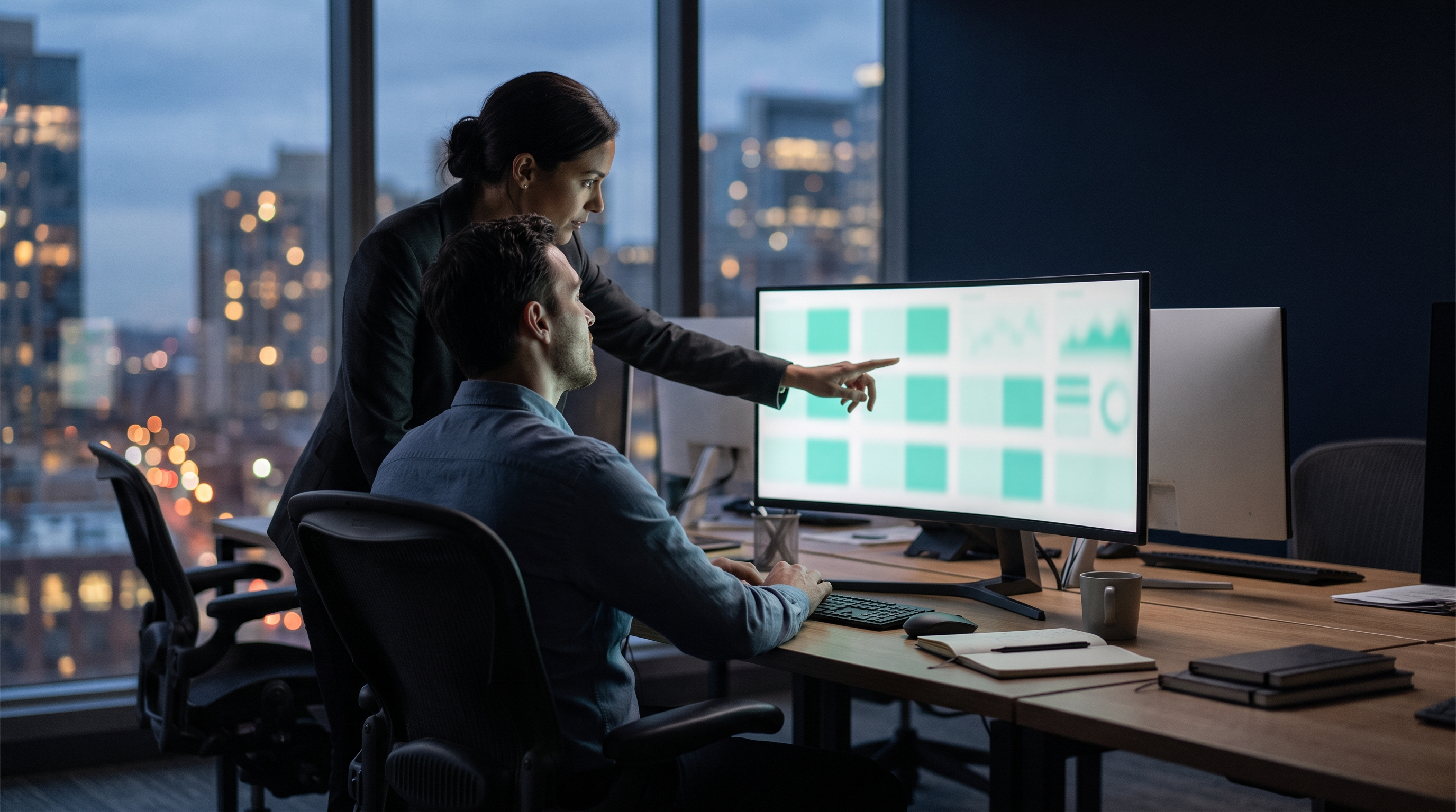 Two colleagues at a shared trading desk in a dim office at dusk, one standing and pointing at a monitor of blurred teal blocks while the other sits and looks on, with city lights out of focus behind them
