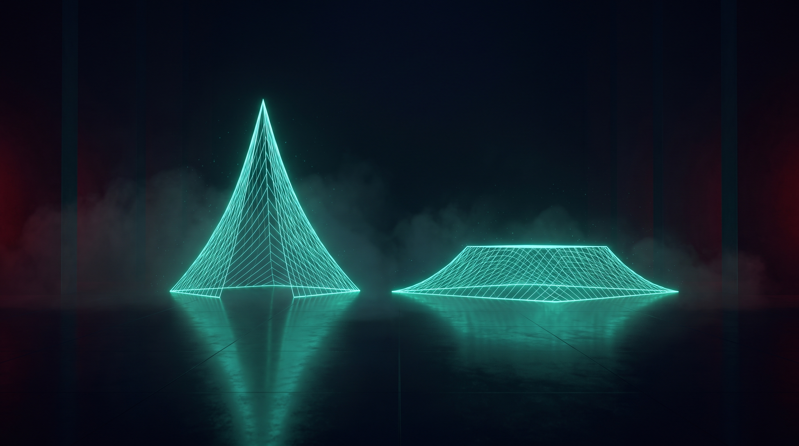 Two glowing teal wireframe light sculptures on a dark reflective floor in a misty hall: a tall sharp peak on the left and a low, wide flat-topped plateau on the right
