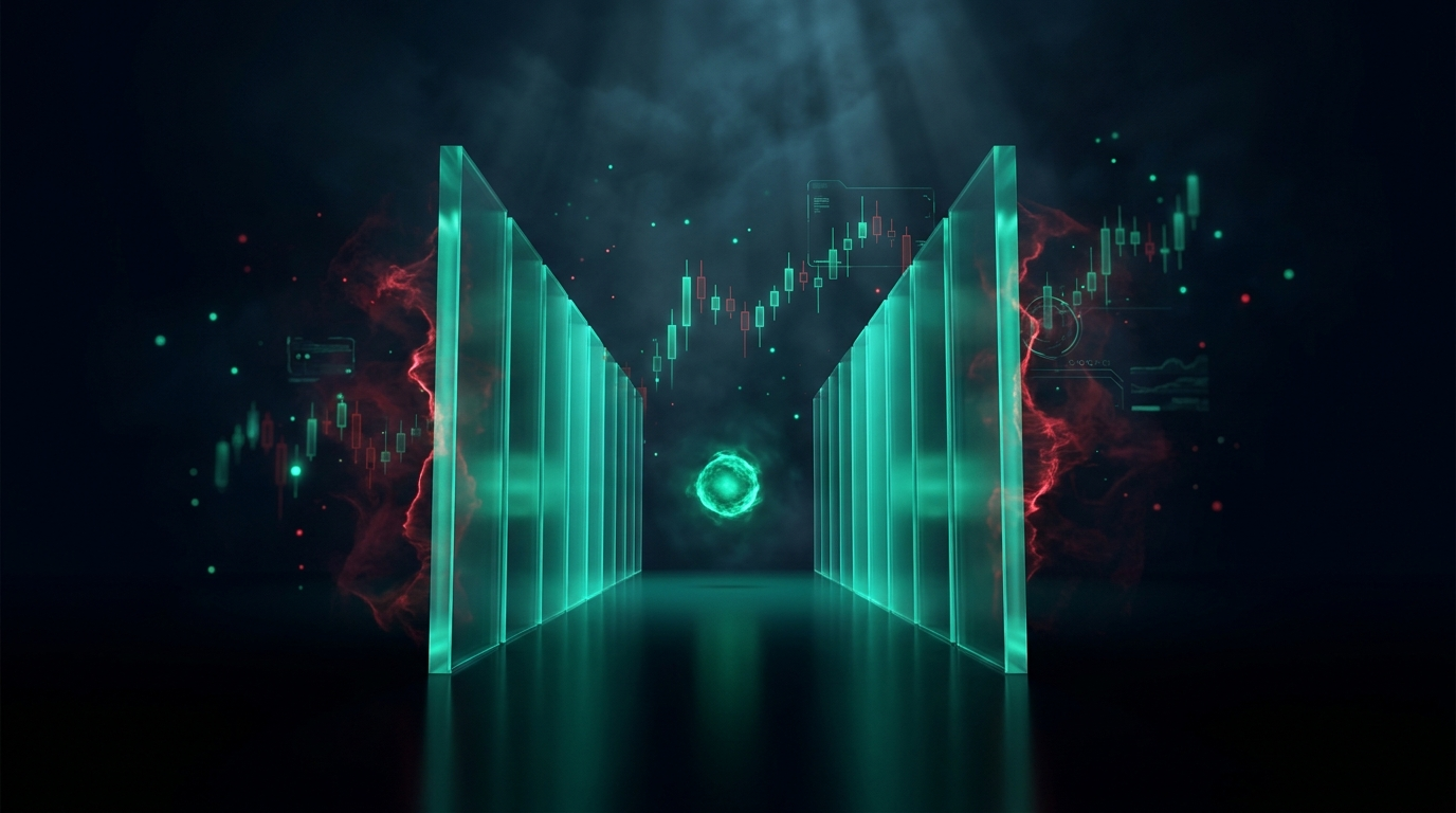 A cinematic conceptual render of two towering walls of teal light forming a narrow corridor with a single glowing orb traveling safely between them, representing the defined range of an iron condor