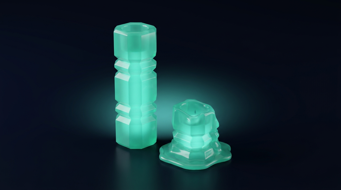 Mint-teal 3D candlestick prisms on deep navy, one tall and one collapsed, suggesting volatility expanding then crushing