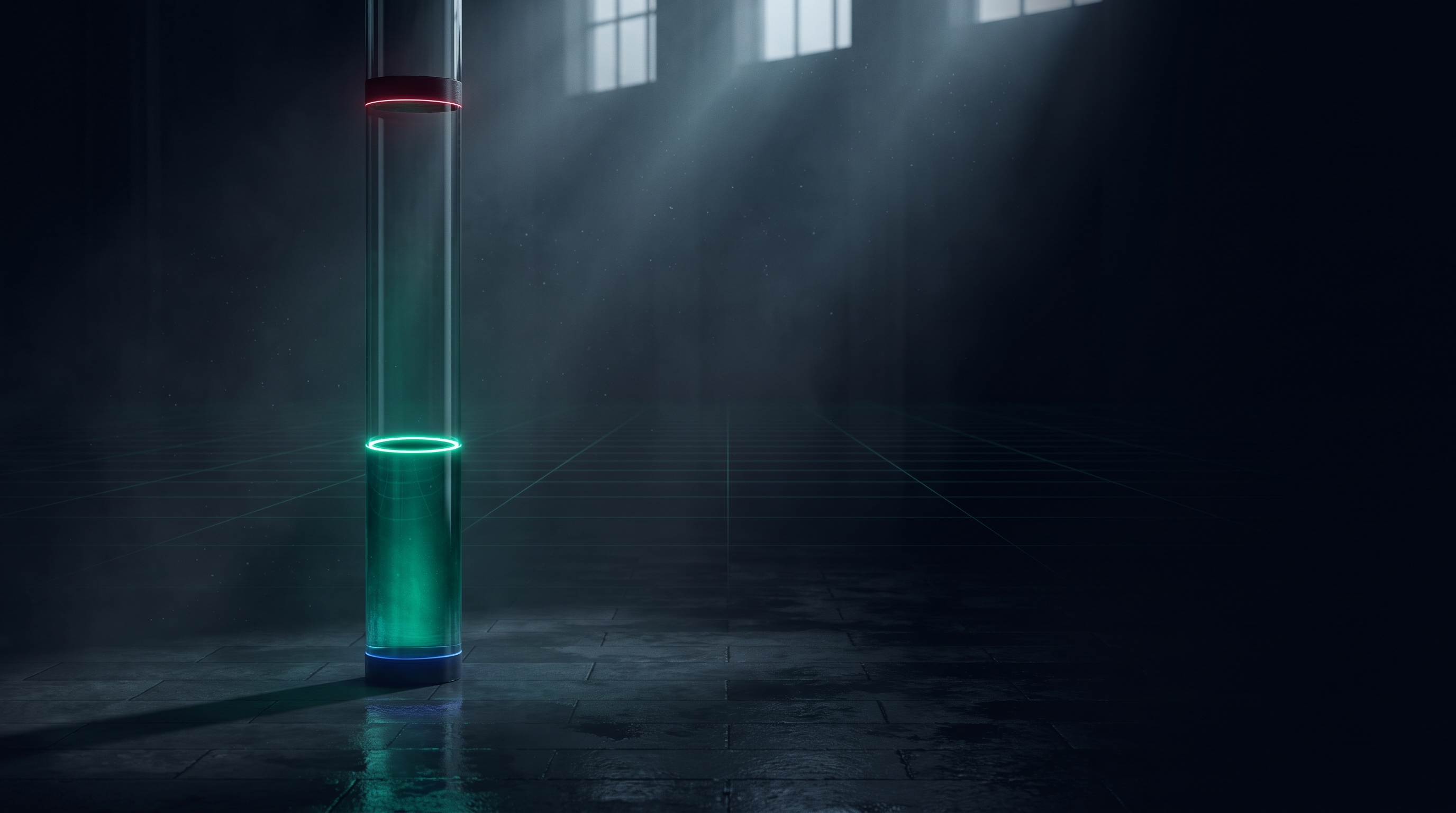 A tall glass column in a dark hall, filled about a third of the way with glowing teal light, a bright teal ring at the surface and a thin red ring near the top, light beams falling across a wet floor