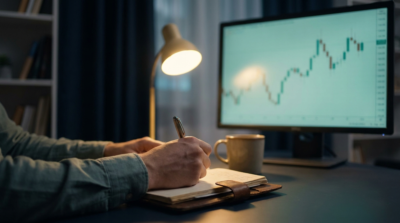 A trader writing notes by hand in a physical trading journal beside a monitor, in a calm evening home office