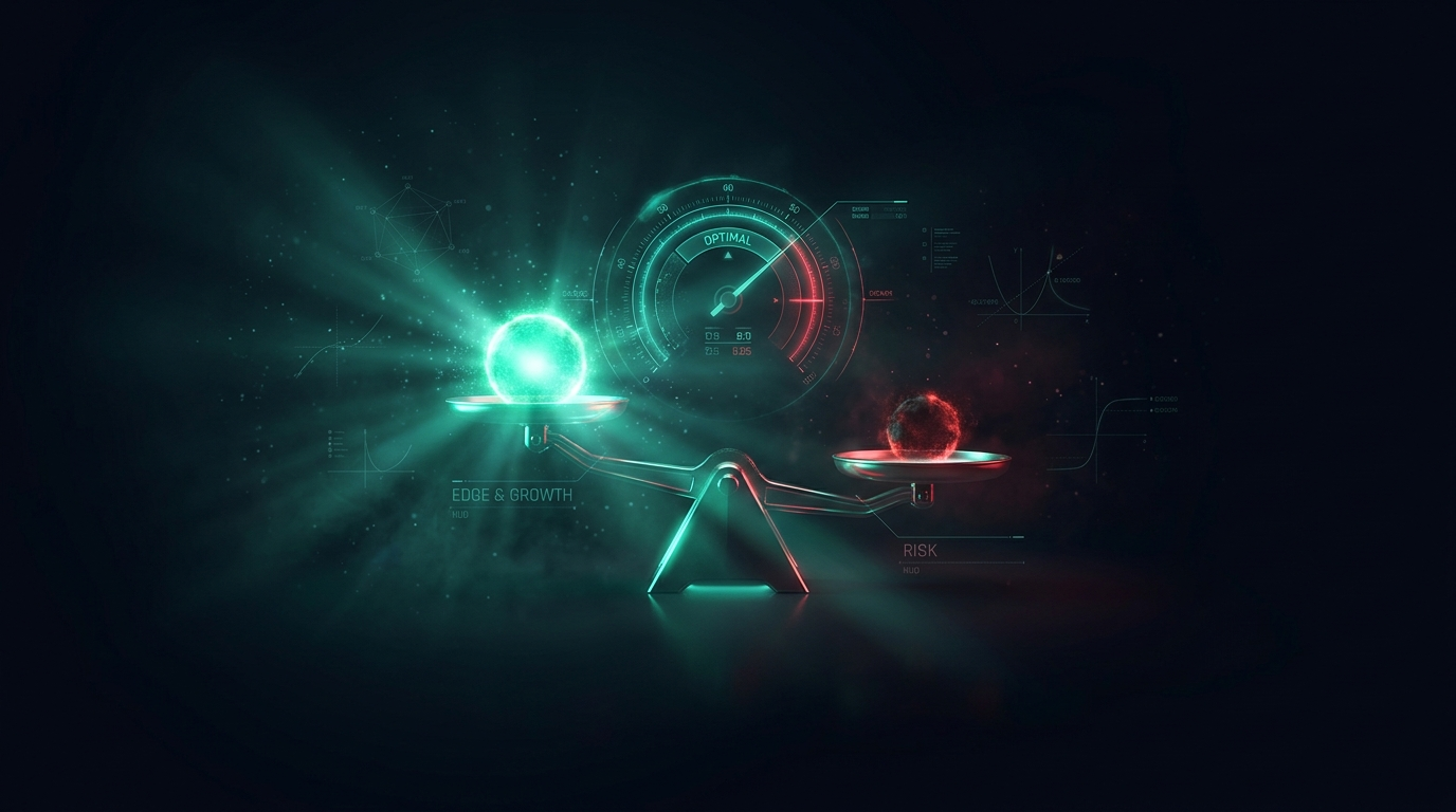 A glowing teal balance scale weighing a bright growth sphere against a smaller red risk sphere, with a holographic percentage dial behind it, on a dark navy background