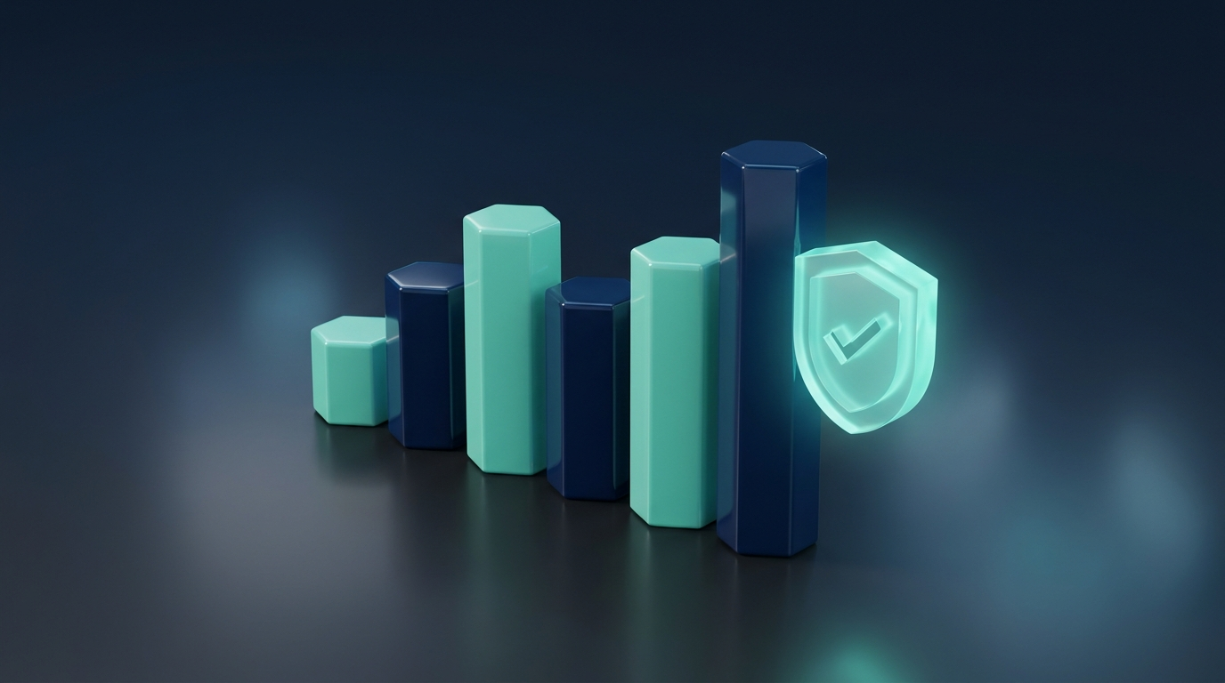 A branded 3D render of teal candlestick prisms beside a translucent verification shield with a checkmark, navy and mint, calm and trustworthy