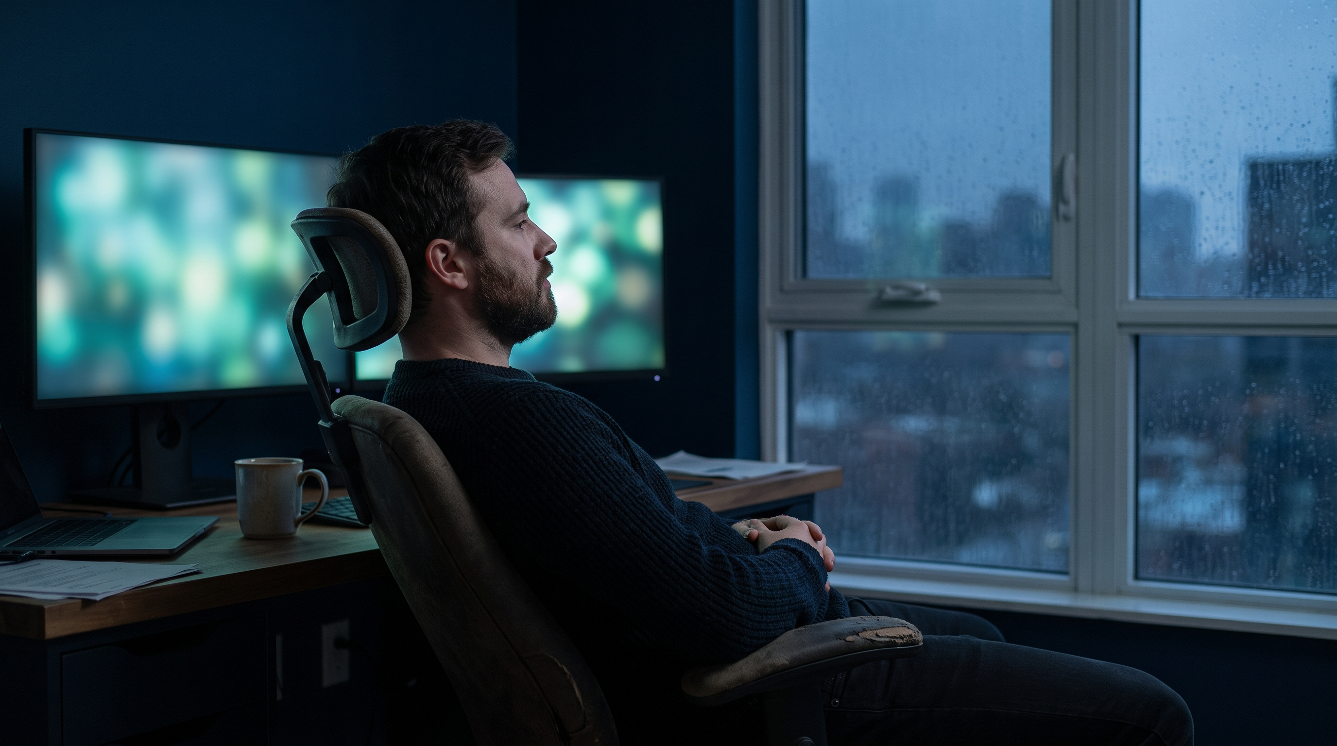 A trader in a dark sweater slumped back in his chair with his hands in his lap, staring at two glowing teal monitors beside a rain-streaked window at dusk