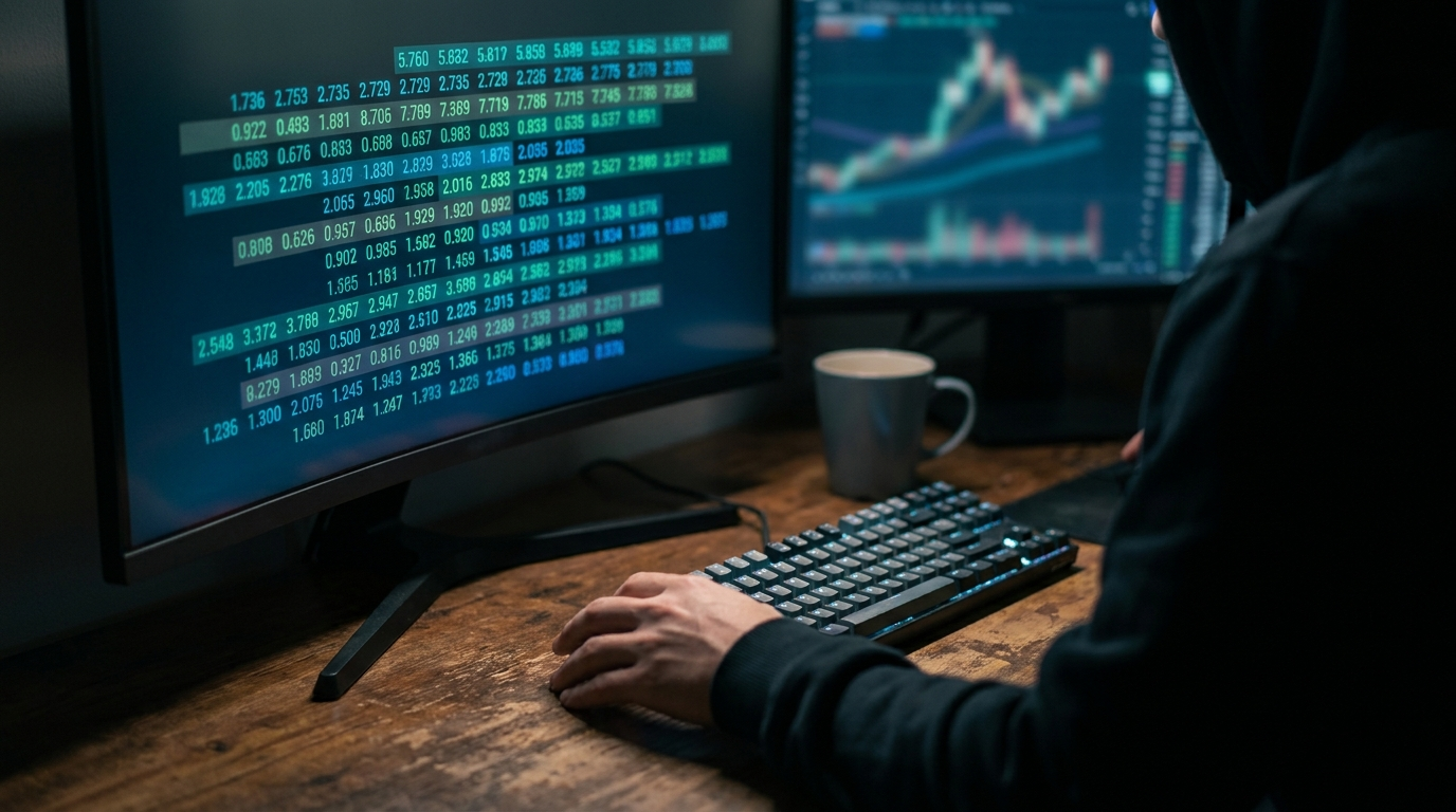 An over-the-shoulder view of a day trader studying a depth-of-market order ladder glowing teal on a dark monitor