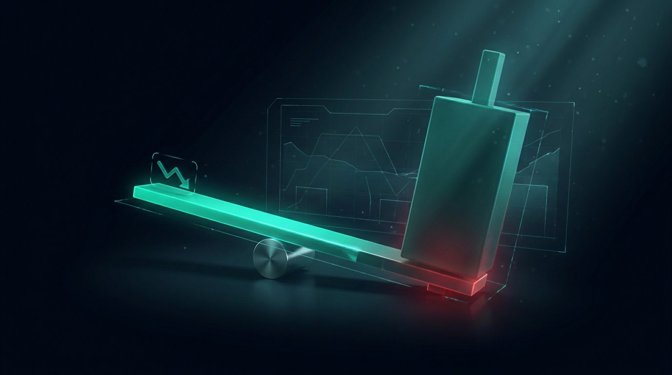 A cinematic render of a glowing teal lever and fulcrum amplifying a small force into a large swing, representing leverage in trading