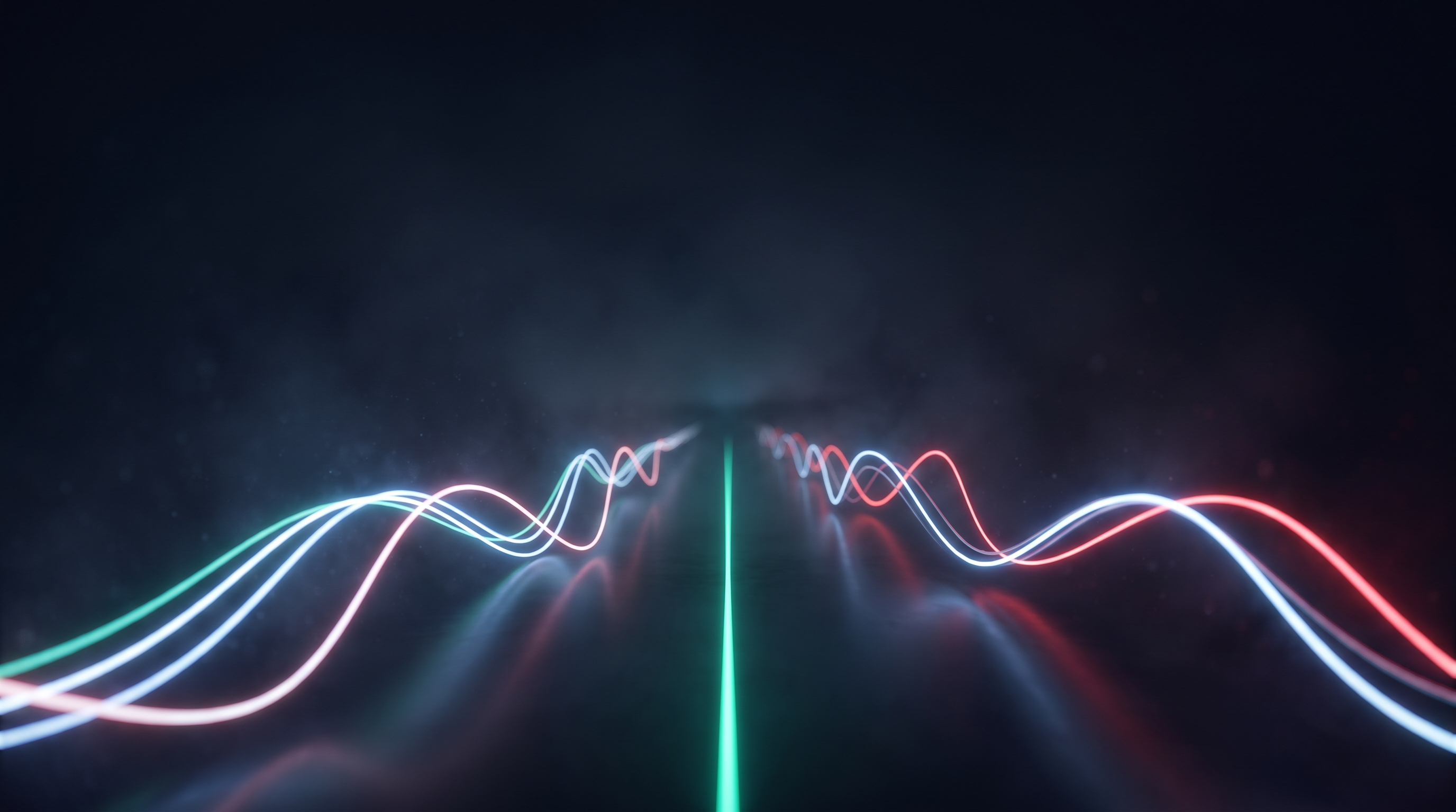 A single steady teal line of light running straight toward a dark horizon, flanked by white and red lines of light that swing in wider and wider waves across a reflective floor