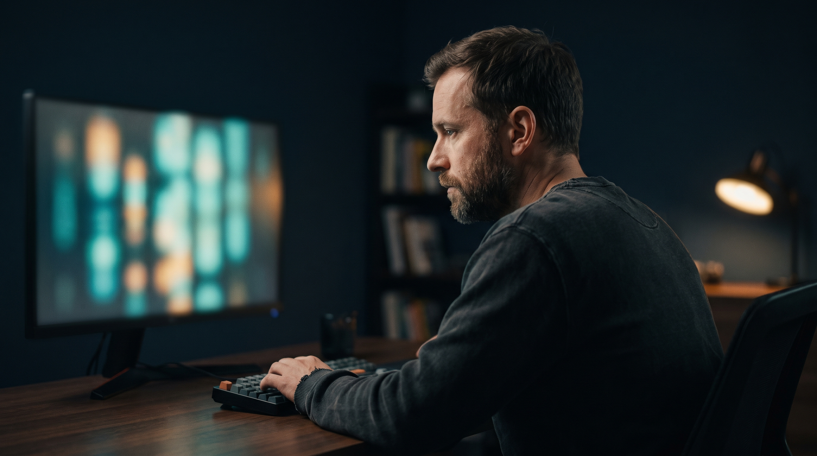 A focused day trader seen from behind his shoulder at a dark wooden desk at night, leaning toward a monitor glowing with blurred teal and amber columns of light