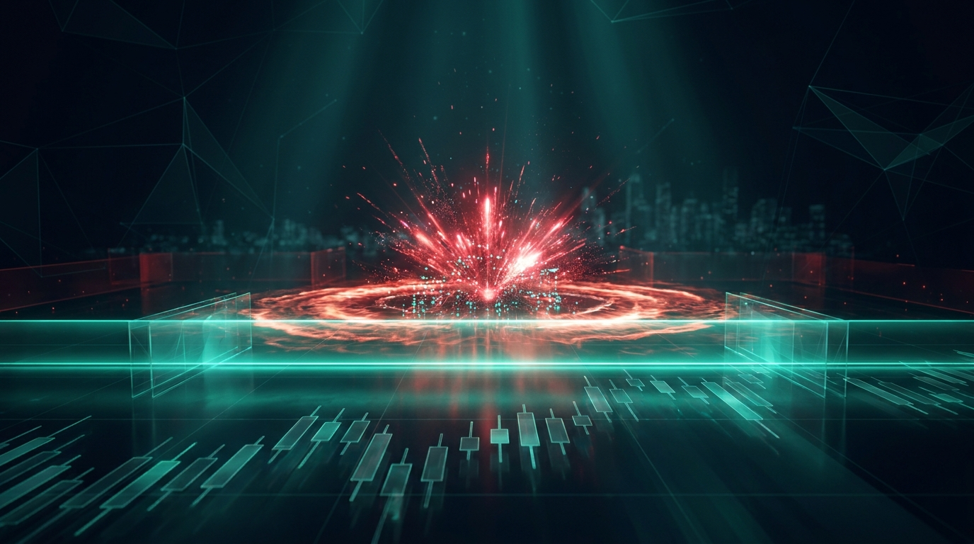 A cinematic render of a bright news shockwave rippling red energy across a field of holographic candlesticks while a steady teal barrier line holds firm in the foreground, representing managing risk around news events