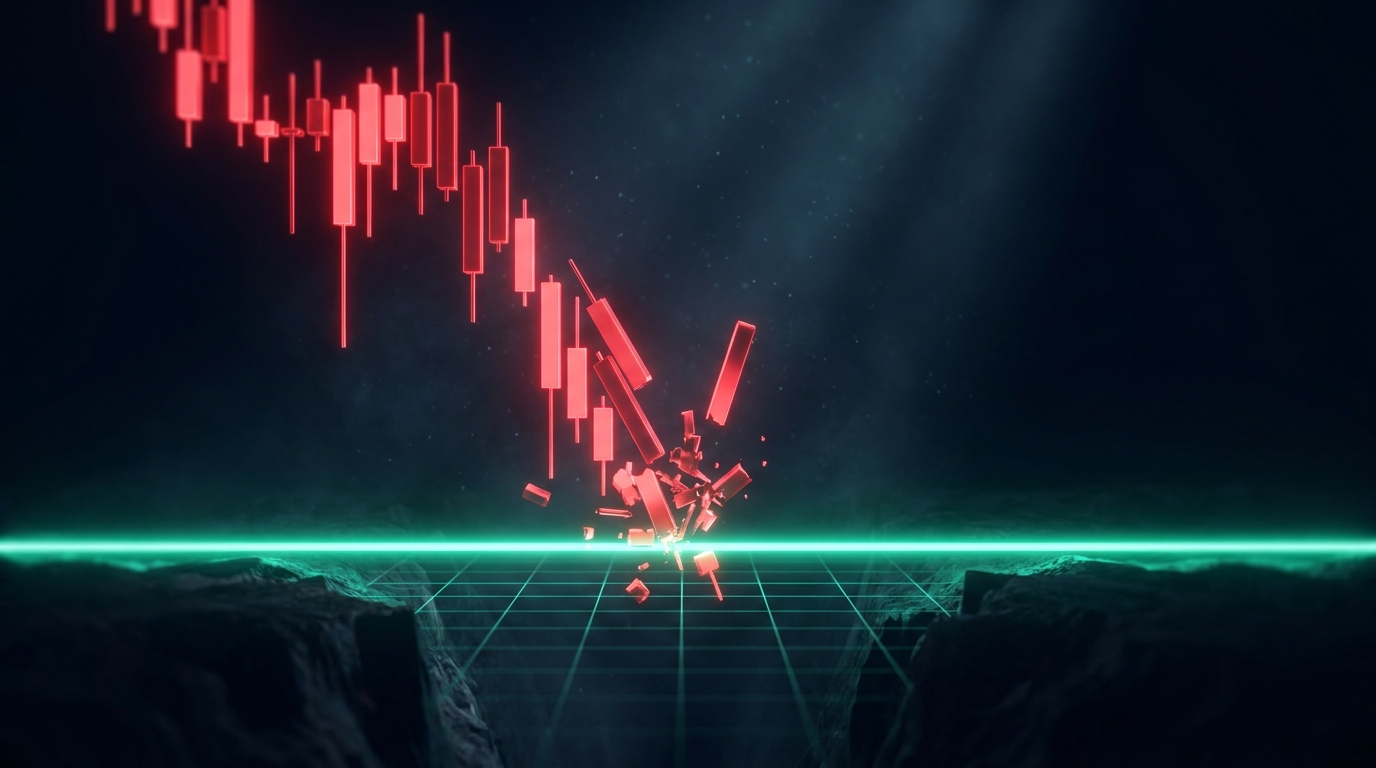 A cascade of falling crimson candlestick bars halted by a single bright horizontal emerald beam of light acting as a protective floor in a dark navy canyon