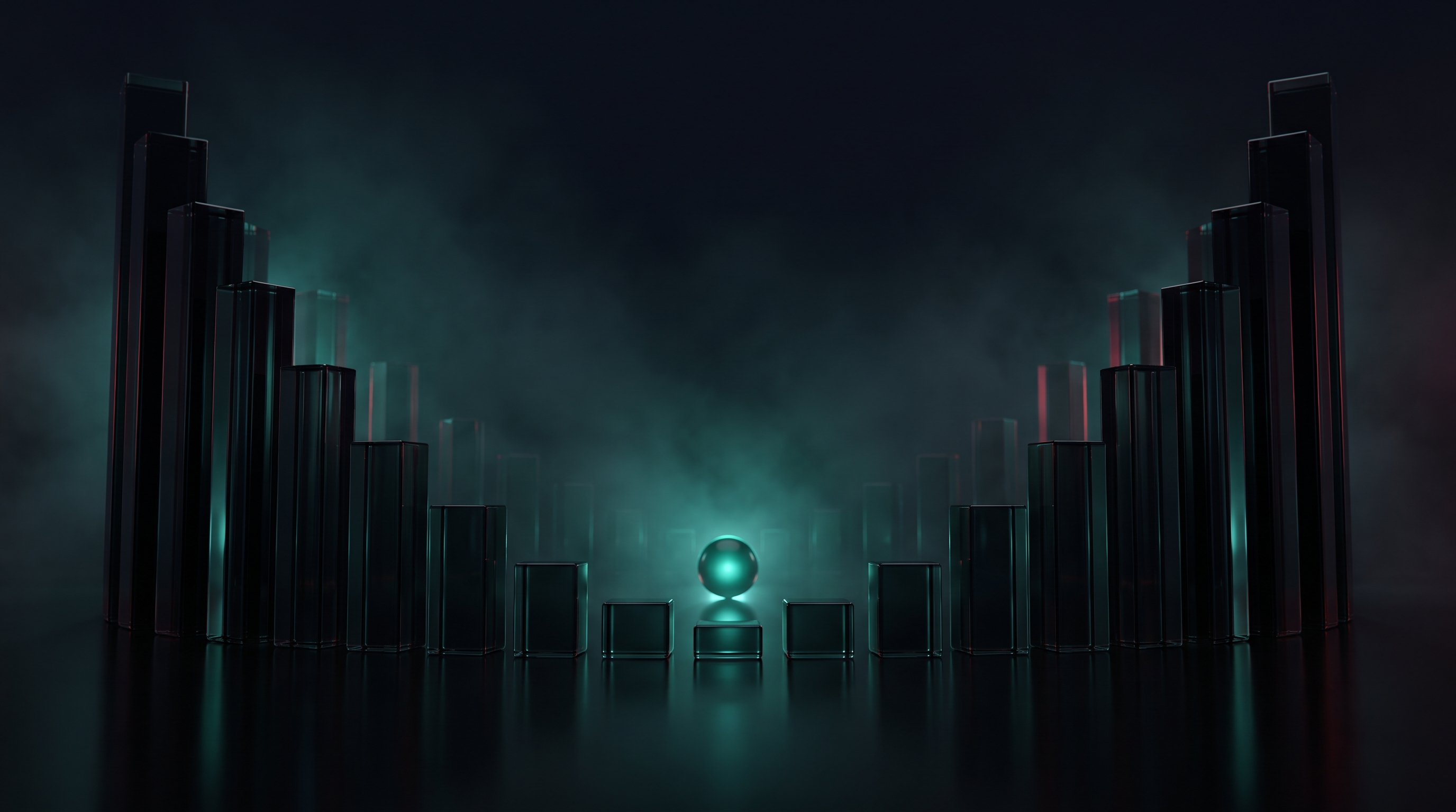 Rows of dark glass columns forming a valley shape on a reflective black floor, tallest at the edges and lowest in the middle, with a single glowing teal sphere resting at the lowest point