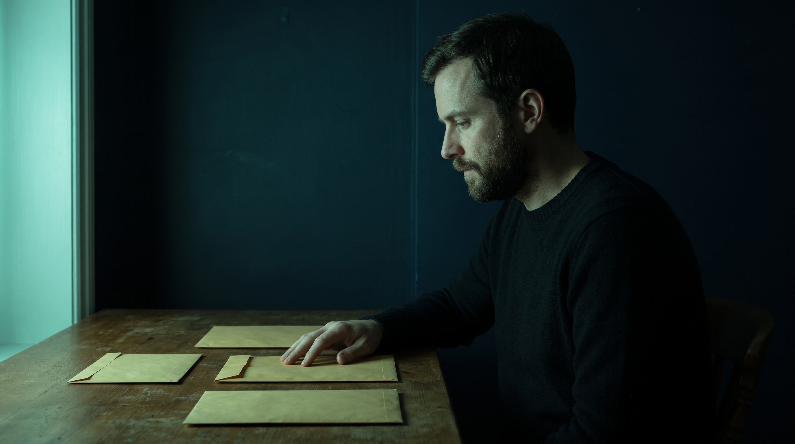 A trader in a dark sweater sitting at a wooden table in a dim navy room, looking down at several plain blank envelopes laid out in front of him, one hand resting on the nearest envelope