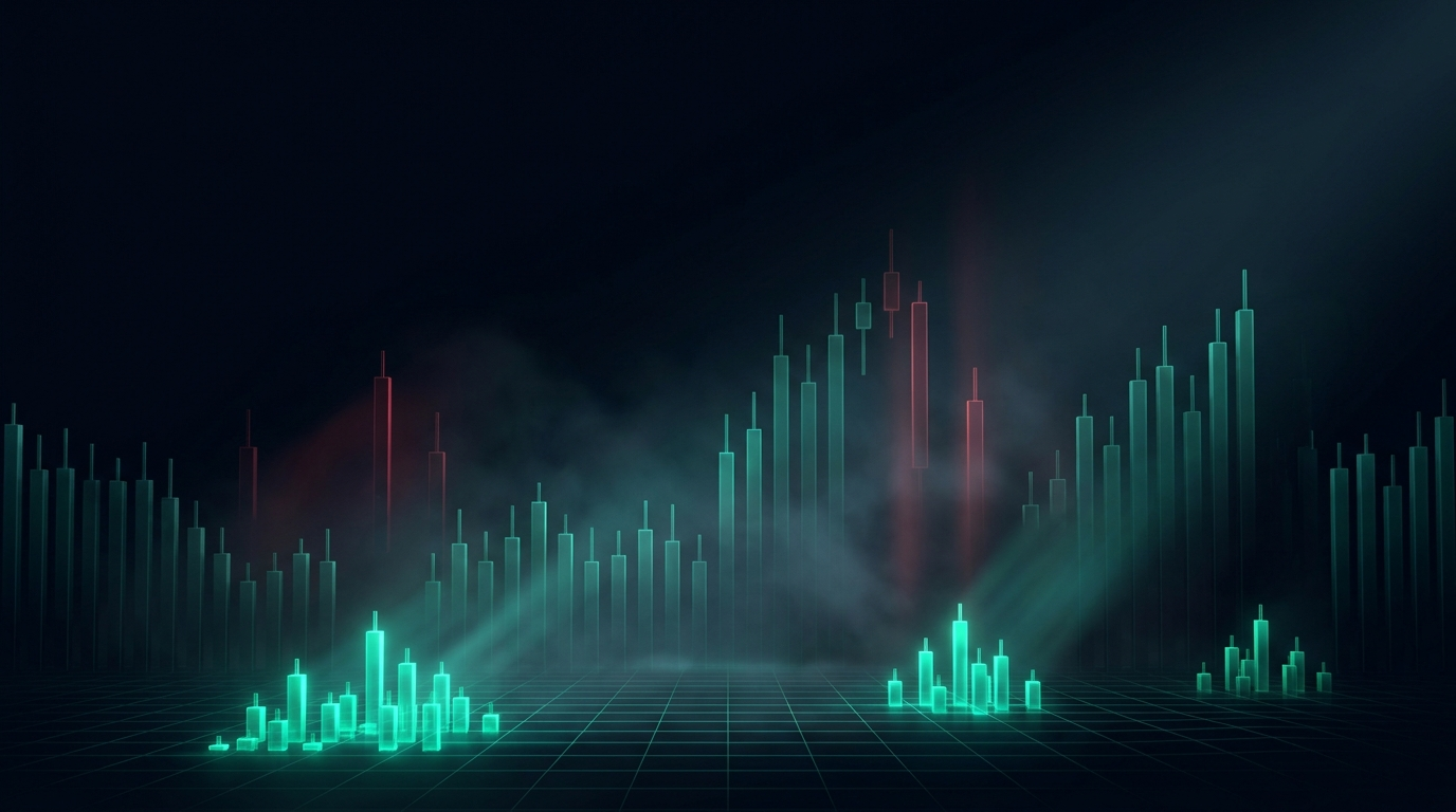A dark navy skyline built from glowing emerald-teal candlestick towers of varying heights, small micro-scale towers bright in the foreground and a few red towers in the distance