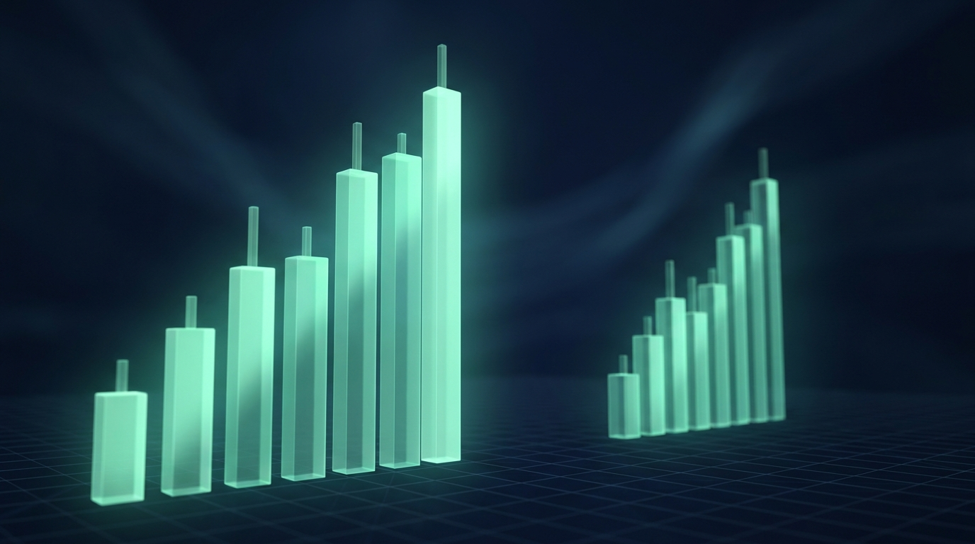 Two groups of glowing teal candlestick bars of different sizes rising over a dark navy grid, representing E-mini and Micro futures contracts