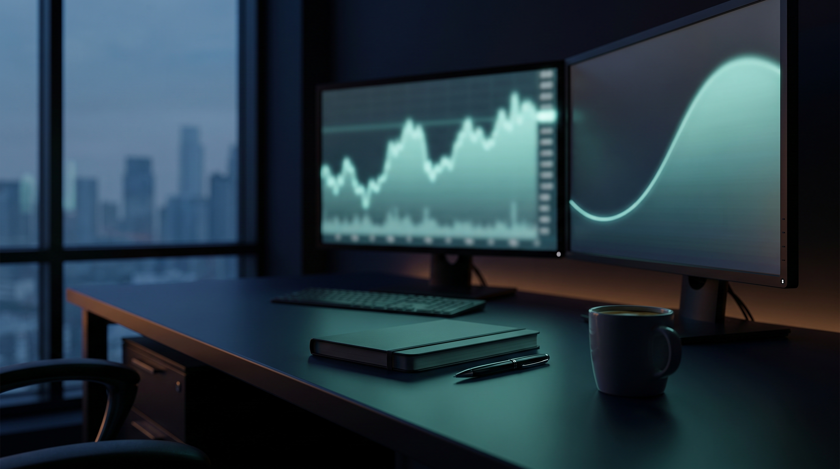 An empty trading desk before dawn in a dark navy office, two monitors glowing with teal line charts beside a closed notebook, a pen and a coffee cup, with a gray city skyline through the window