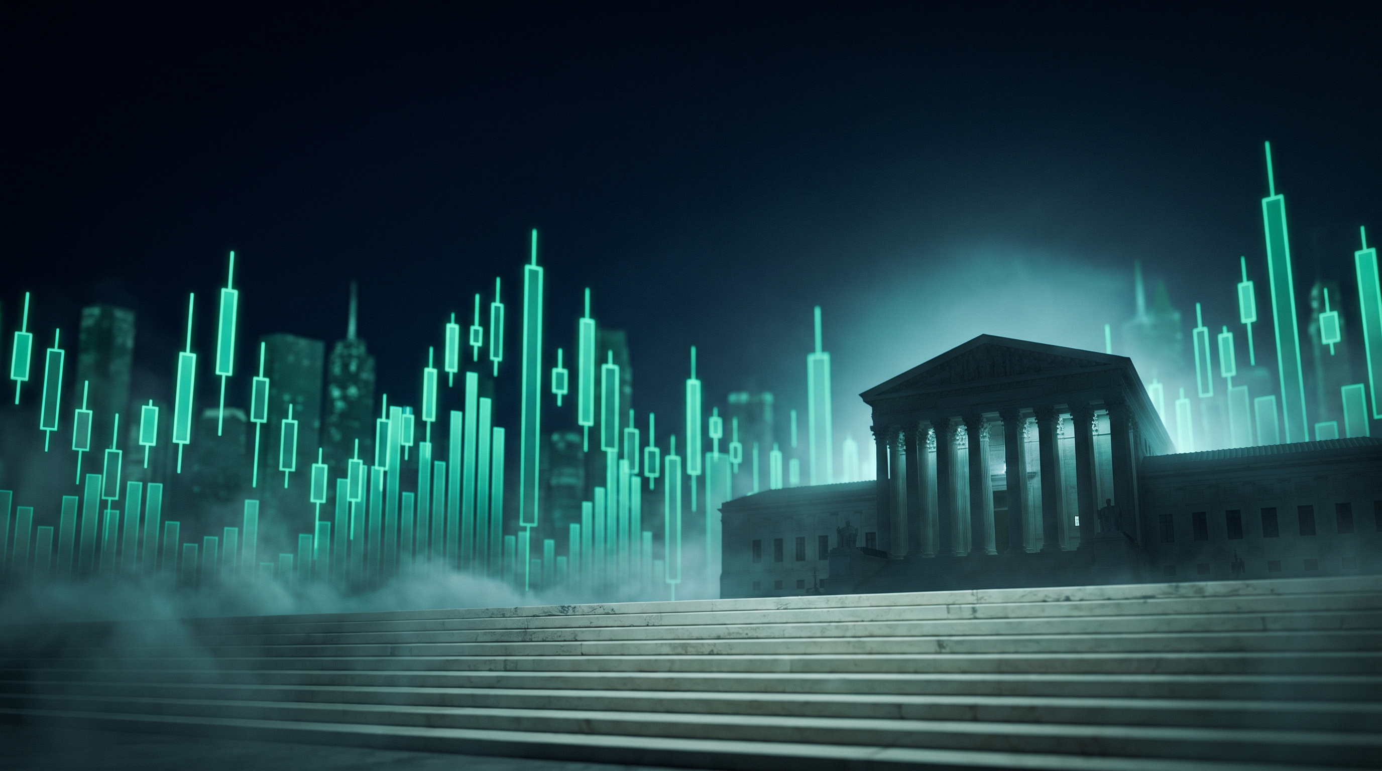 A nighttime city skyline of glowing teal candlestick towers rising through fog behind a classical stone building with tall columns, seen from the foot of a wide flight of pale stone steps
