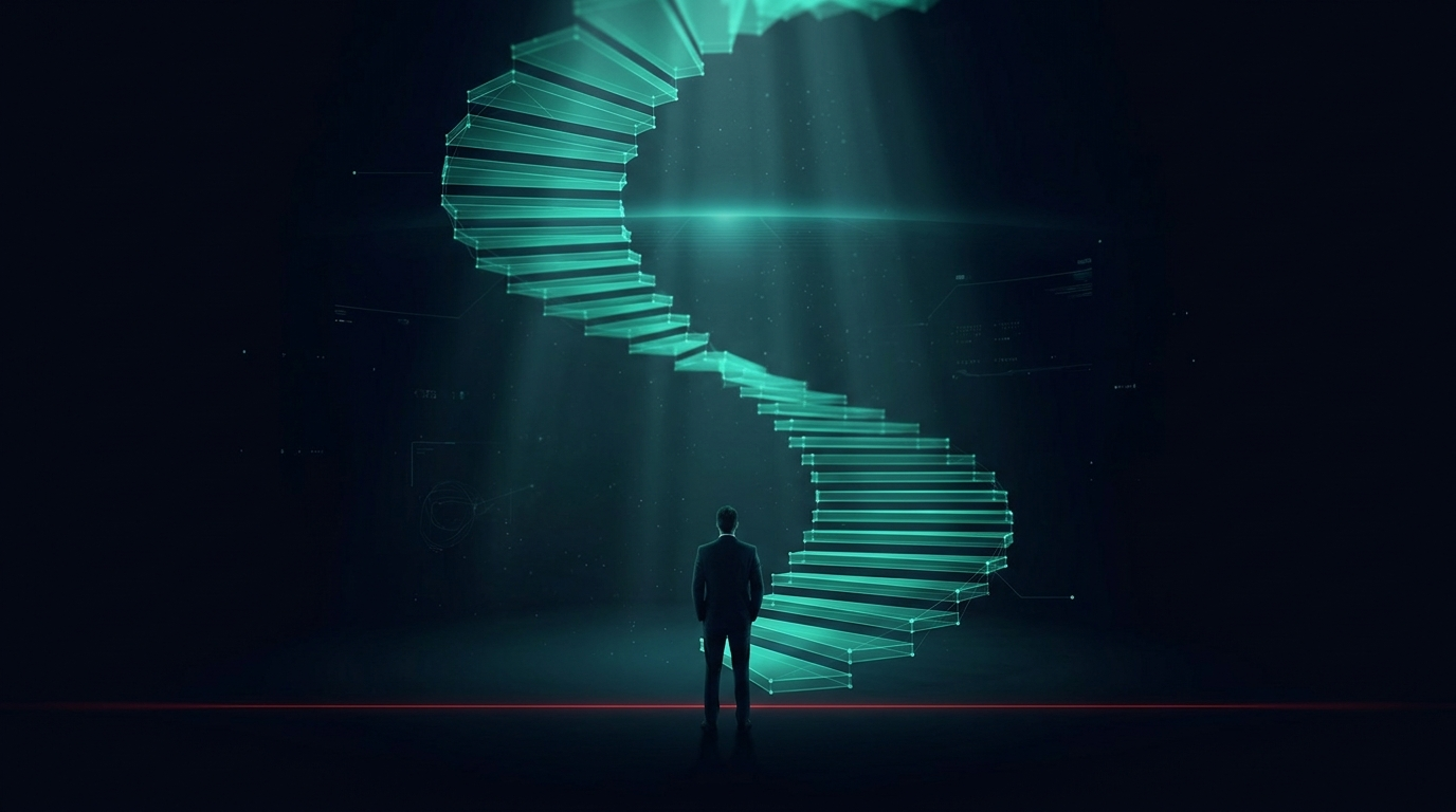 A cinematic render of a glowing teal staircase of light climbing toward a bright horizon, representing the minimum active trading days on the path to a first payout