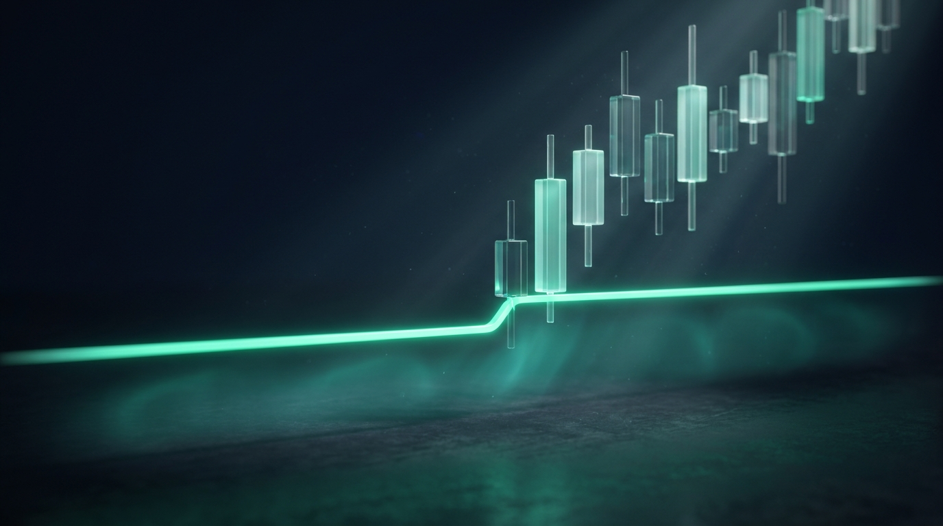 A cinematic render of a glowing teal line rising to lock beneath an ascending candlestick chart, representing moving a stop to break-even