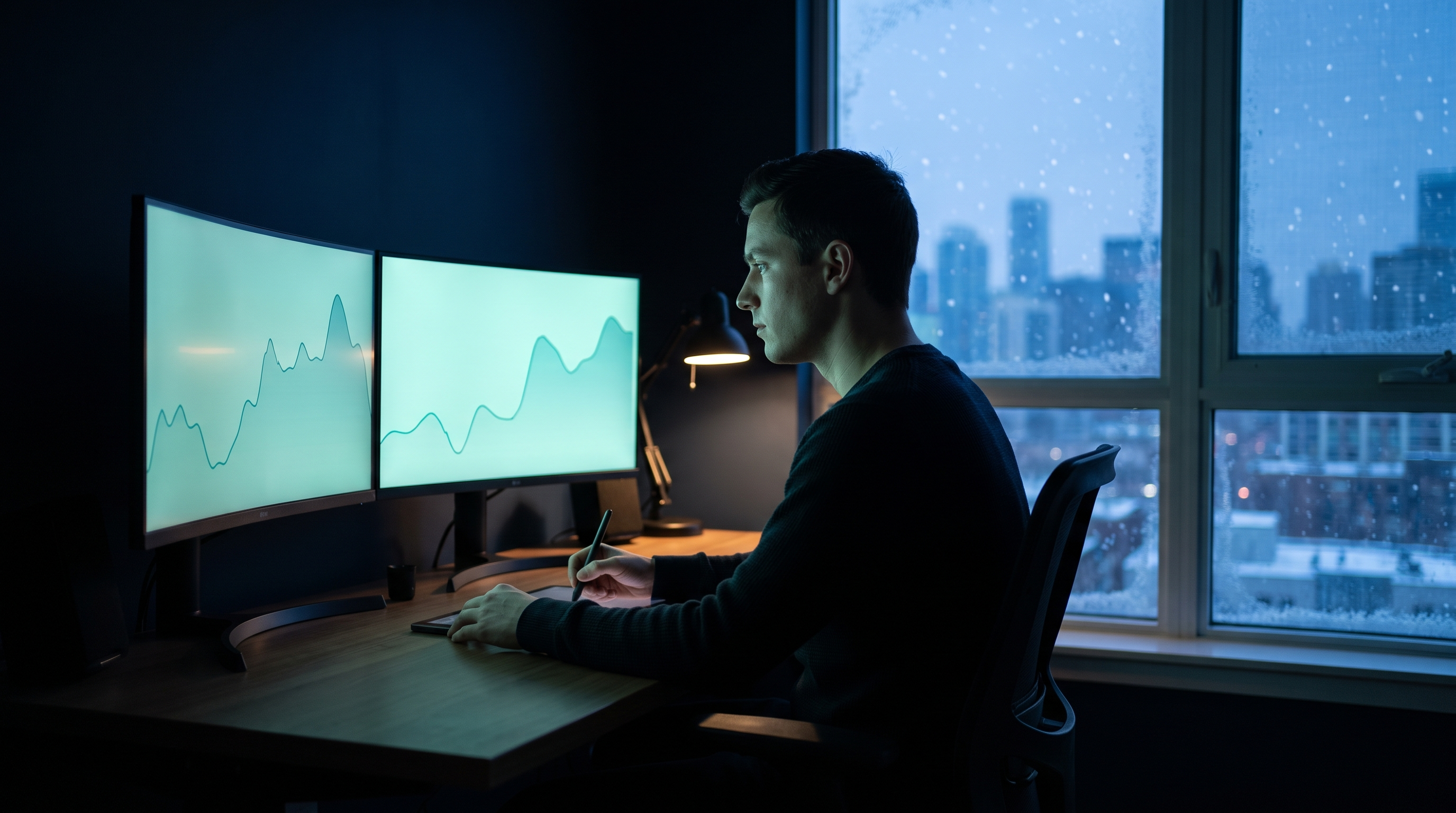 A lone trader at a dark home office desk at winter dusk, studying two monitors with soft teal line shapes while snow falls past the window behind him
