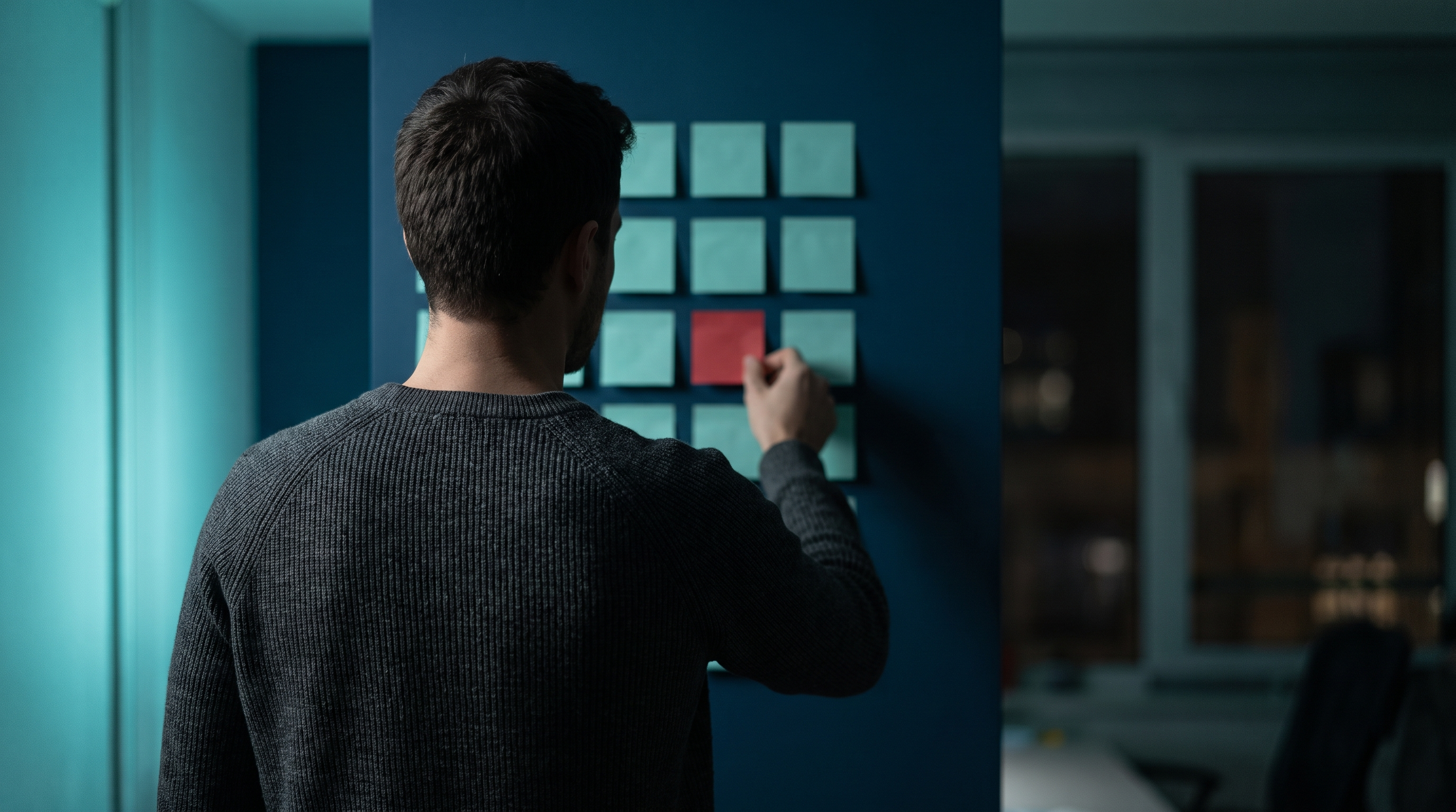 A trader in a dark gray sweater seen from behind in a dim navy room, reaching toward the single red paper note in a wall grid of otherwise blank teal notes