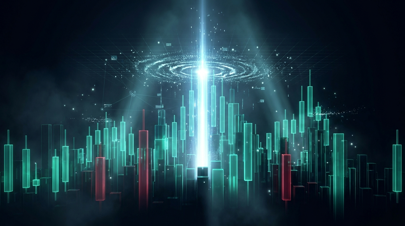 A cinematic render of a nocturnal skyline built from candlestick towers with a bright shockwave of light bursting through the center, representing a news catalyst moving stocks