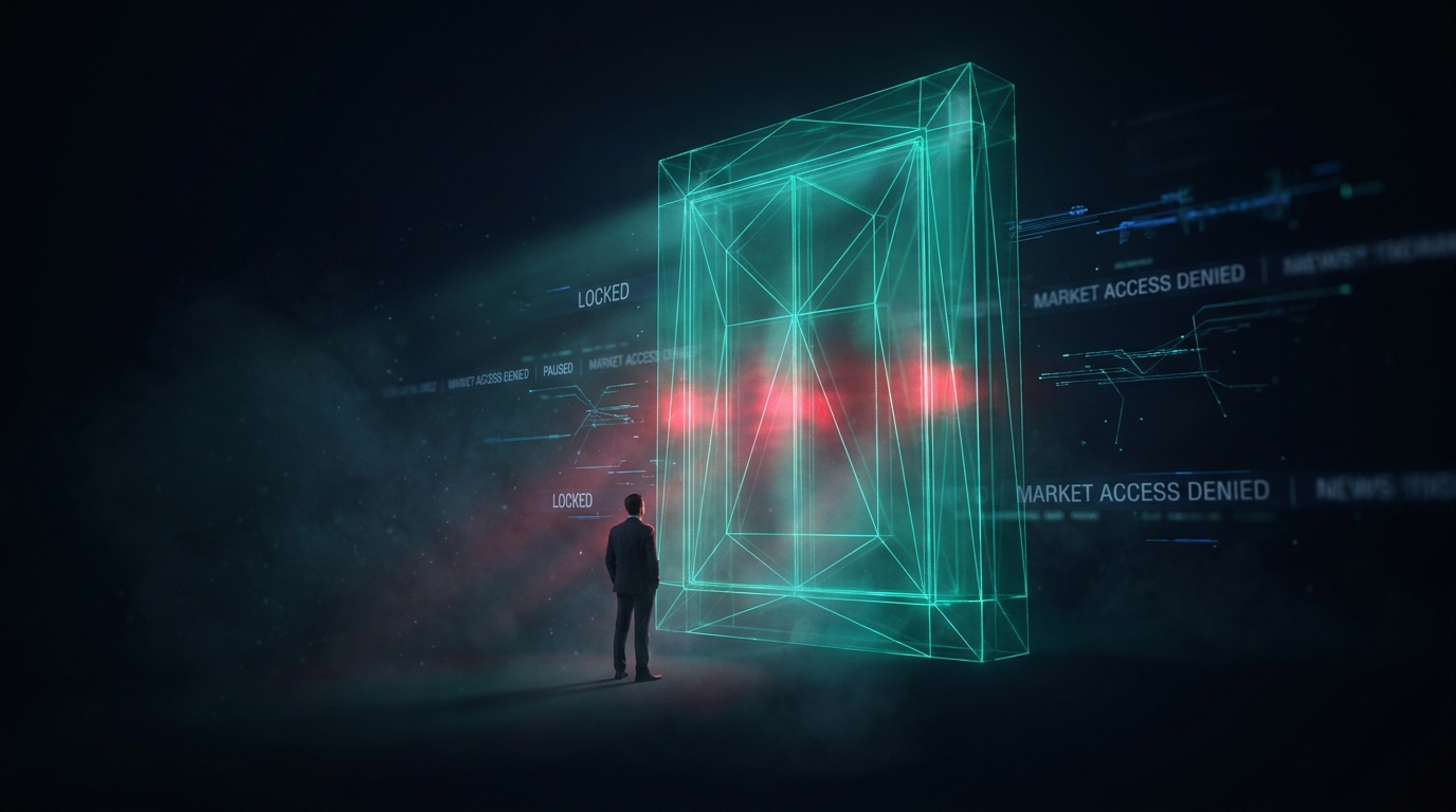 A lone figure before a towering sealed barrier of teal light with a red warning glow, representing a news-trading lockout that pauses trading around a release